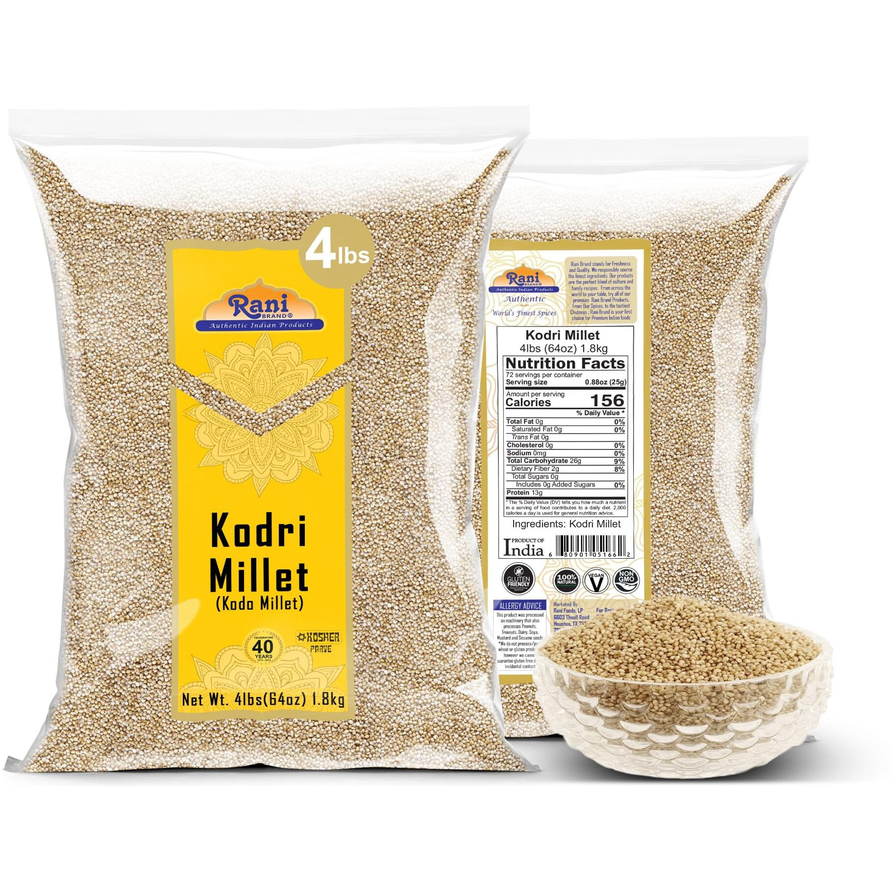 Rani Kodri (Polished Kodo Millet Seeds) Ancient Grains, 64oz (4lbs) 1.81kg ~ All Natural, Gluten Friendly, NON-GMO, Kosher, Vegan, Indian Origin (Varagu/Kodra/Harka)