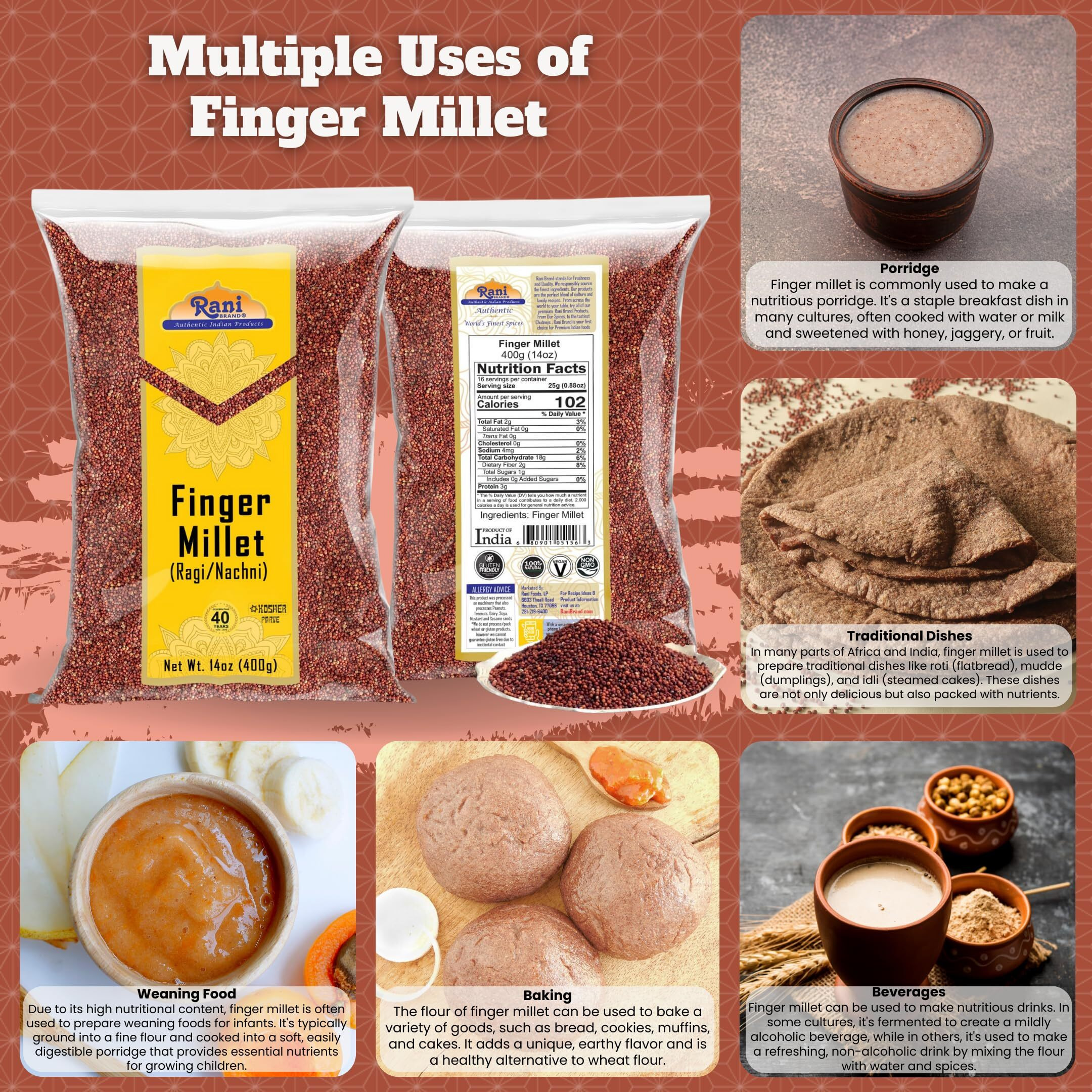 Rani Ragi Finger Millet (Eleusine Coracana) Whole Ancient Grain Seeds 14oz (400g) ~ All Natural, Gluten Friendly, NON-GMO, Kosher, Vegan, Indian Origin