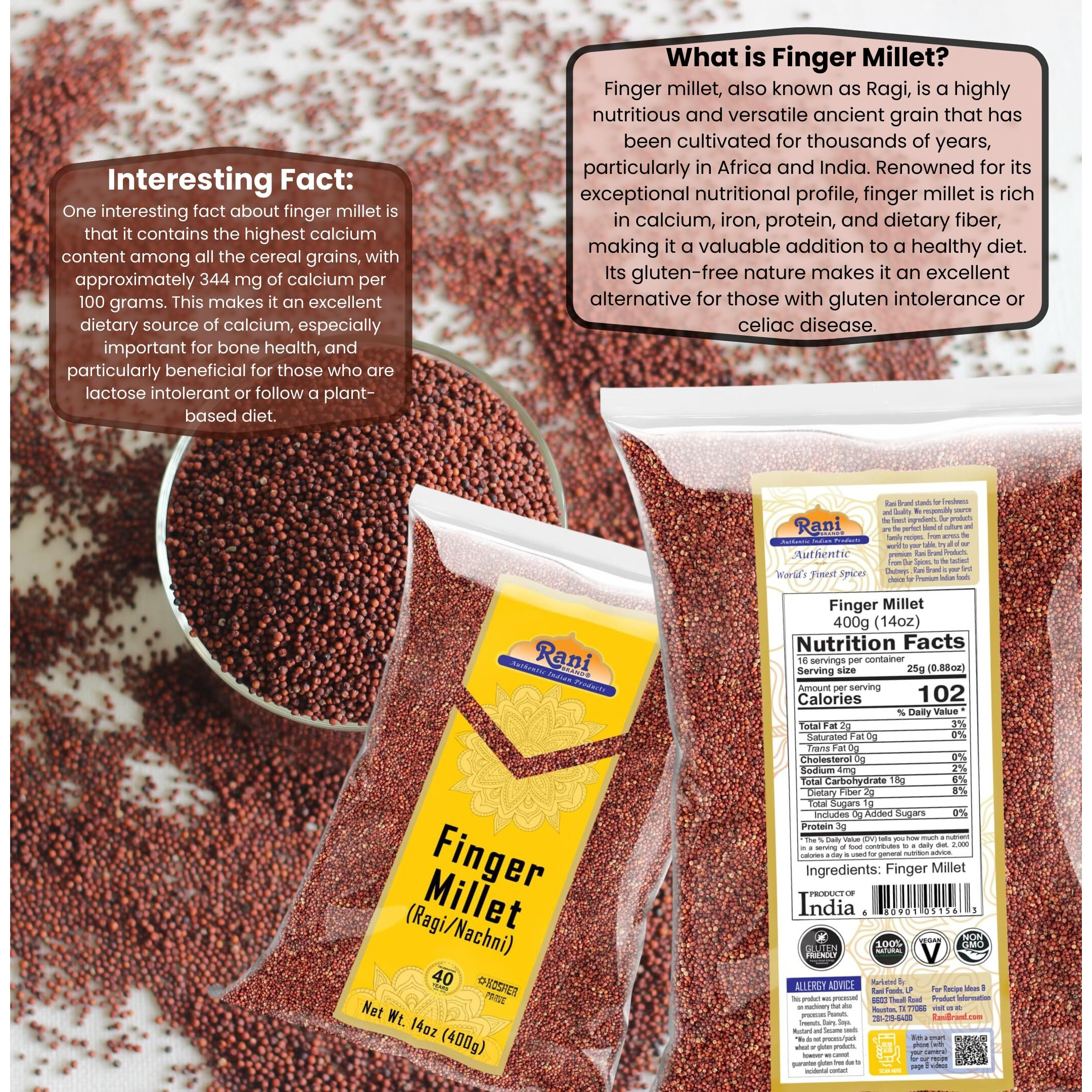 Rani Ragi Finger Millet (Eleusine Coracana) Whole Ancient Grain Seeds 14oz (400g) ~ All Natural, Gluten Friendly, NON-GMO, Kosher, Vegan, Indian Origin