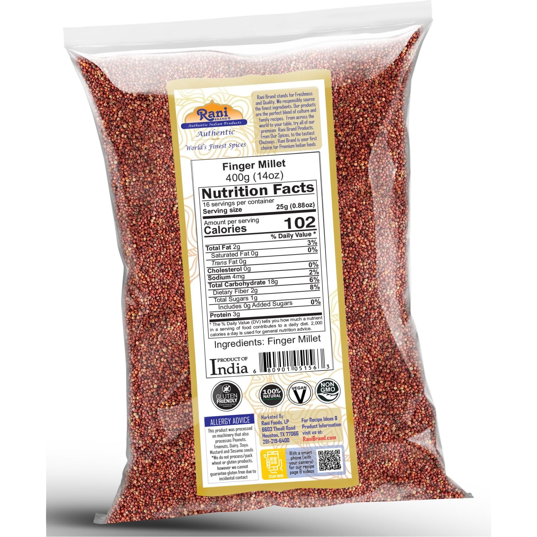 Rani Ragi Finger Millet (Eleusine Coracana) Whole Ancient Grain Seeds 14oz (400g) ~ All Natural, Gluten Friendly, NON-GMO, Kosher, Vegan, Indian Origin
