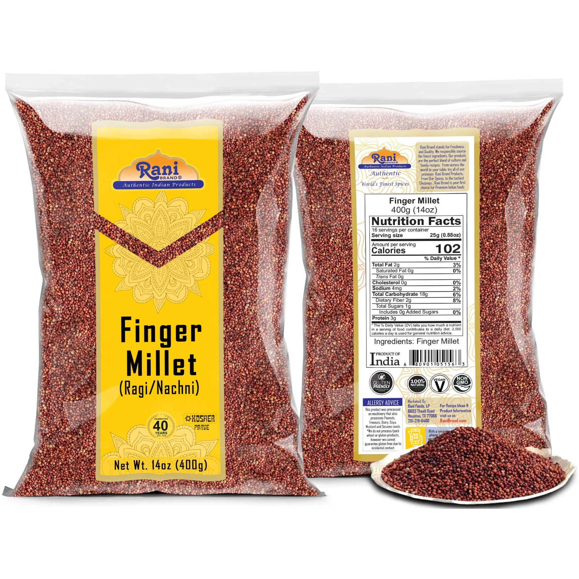 Rani Ragi Finger Millet (Eleusine Coracana) Whole Ancient Grain Seeds 14oz (400g) ~ All Natural, Gluten Friendly, NON-GMO, Kosher, Vegan, Indian Origin
