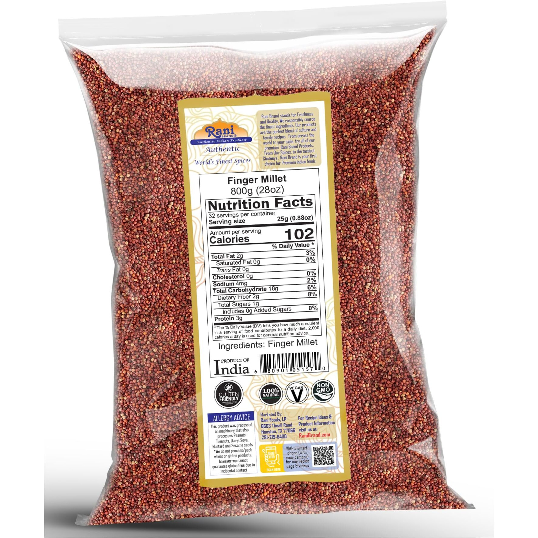 Rani Ragi Finger Millet (Eleusine Coracana) Whole Ancient Grain Seeds 28oz (800g) ~ All Natural, Gluten Friendly, NON-GMO, Kosher, Vegan, Indian Origin