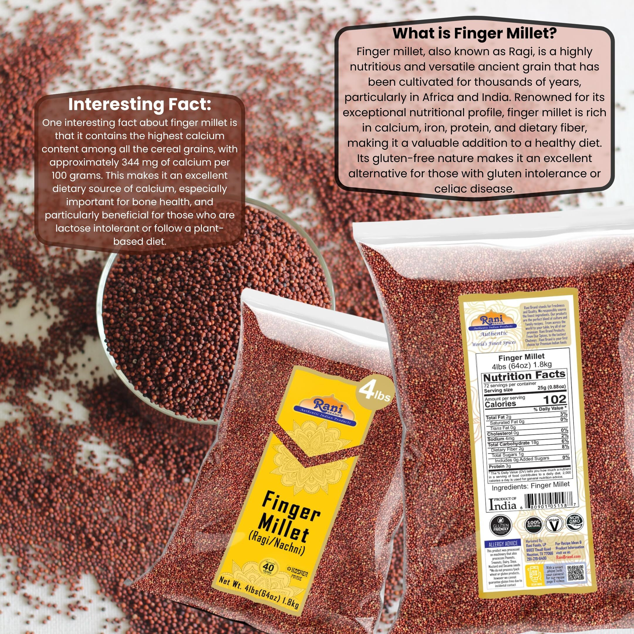 Rani Ragi Finger Millet (Eleusine Coracana) Whole Ancient Grain Seeds 64oz (4lbs) 1.81kg Bulk ~ All Natural, Gluten Friendly, NON-GMO, Kosher, Vegan, Indian Origin