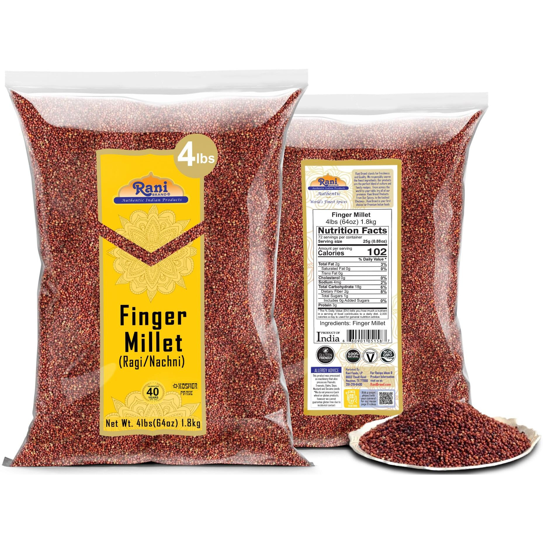 Rani Ragi Finger Millet (Eleusine Coracana) Whole Ancient Grain Seeds 64oz (4lbs) 1.81kg Bulk ~ All Natural, Gluten Friendly, NON-GMO, Kosher, Vegan, Indian Origin