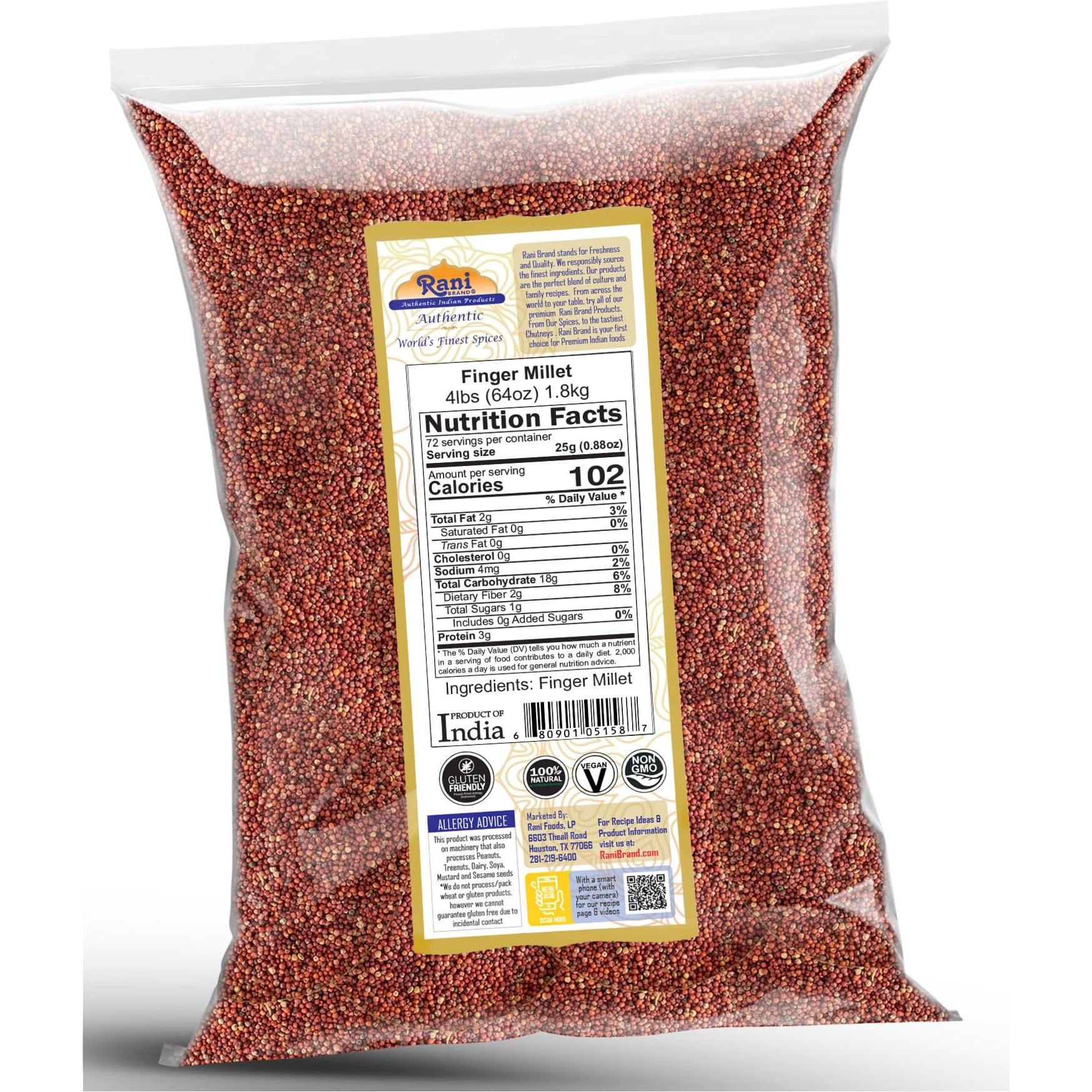 Rani Ragi Finger Millet (Eleusine Coracana) Whole Ancient Grain Seeds 64oz (4lbs) 1.81kg Bulk ~ All Natural, Gluten Friendly, NON-GMO, Kosher, Vegan, Indian Origin