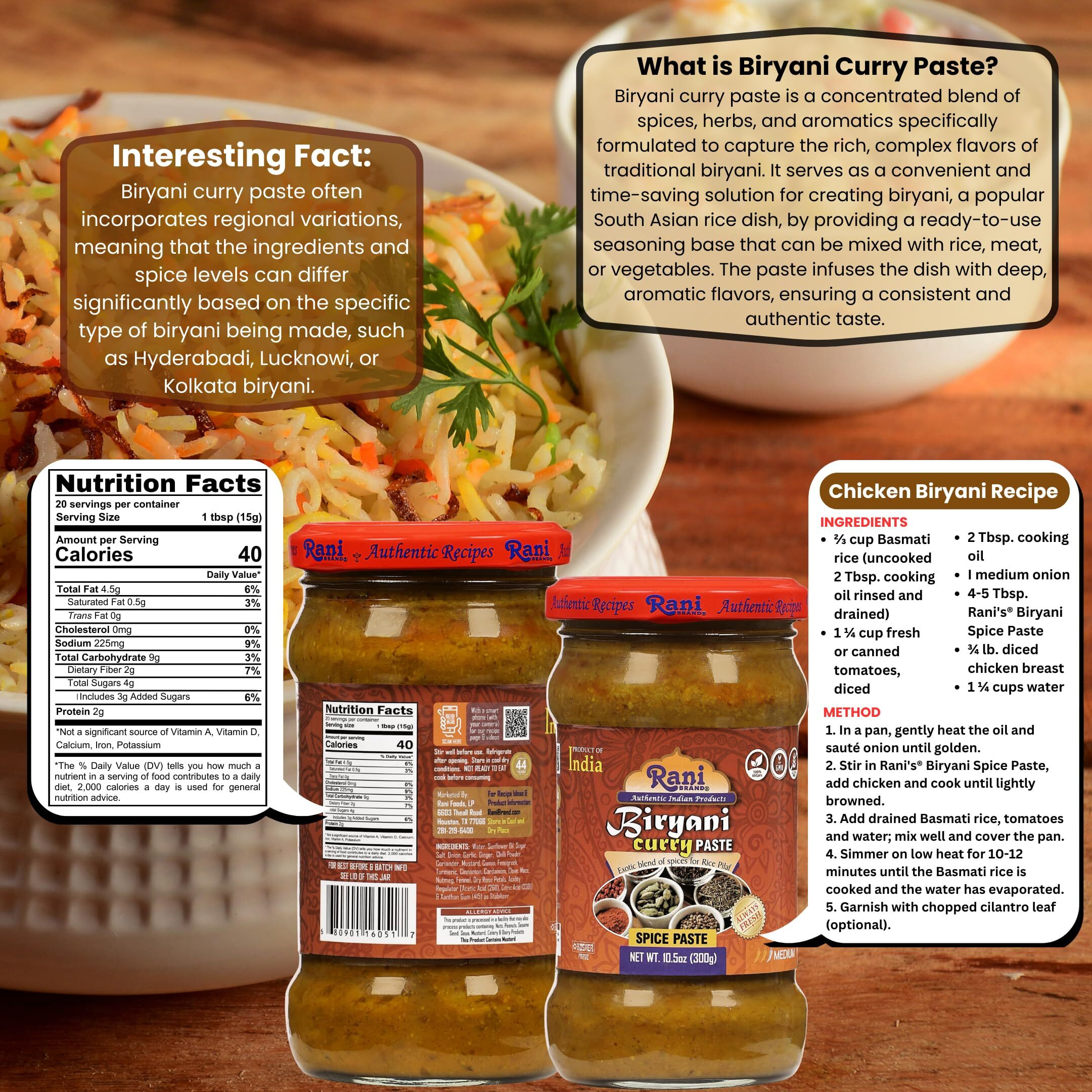 Rani Biryani Masala Curry Paste (Cooking Spice Paste for Indian Rice Dishes, Pullao/Pilau) 10.5oz (300g) Glass Jar, Pack of 5+1 FREE ~ All Natural, Vegan, No Colors, Gluten Free, NON-GMO