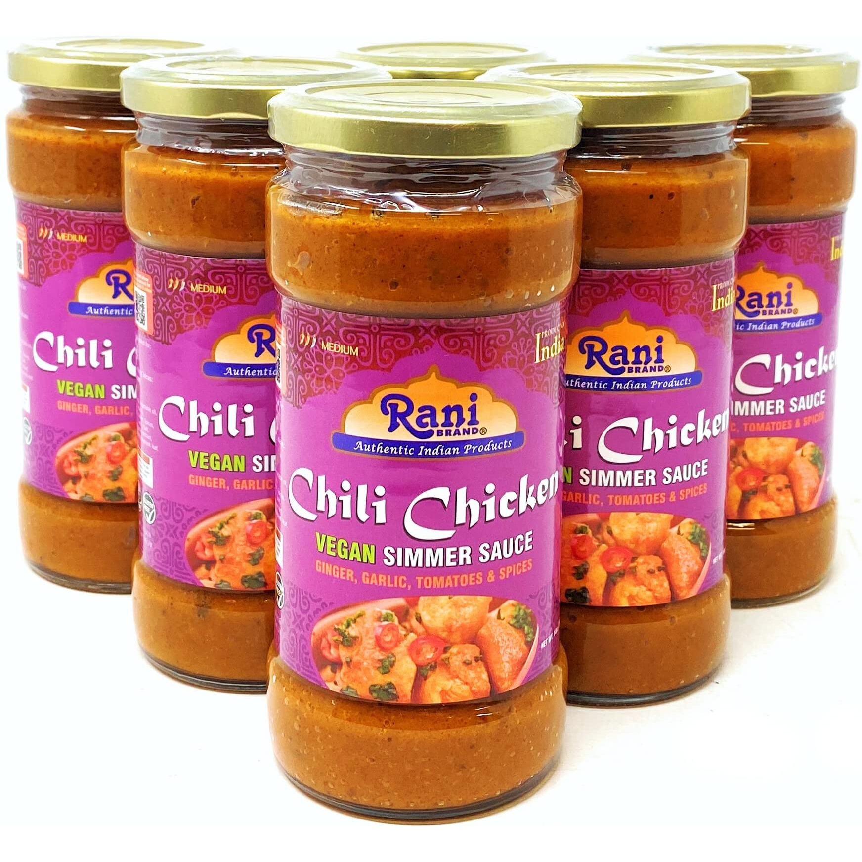 Rani Chili Chicken Vegan Simmer Sauce (Ginger, Garlic, Tomatoes & Spices) 14oz (400g) Glass Jar, Pack of 5+1FREE ~ Easy to Use, Vegan, No Colors, All Natural, NON-GMO, Gluten Free, Indian Origin