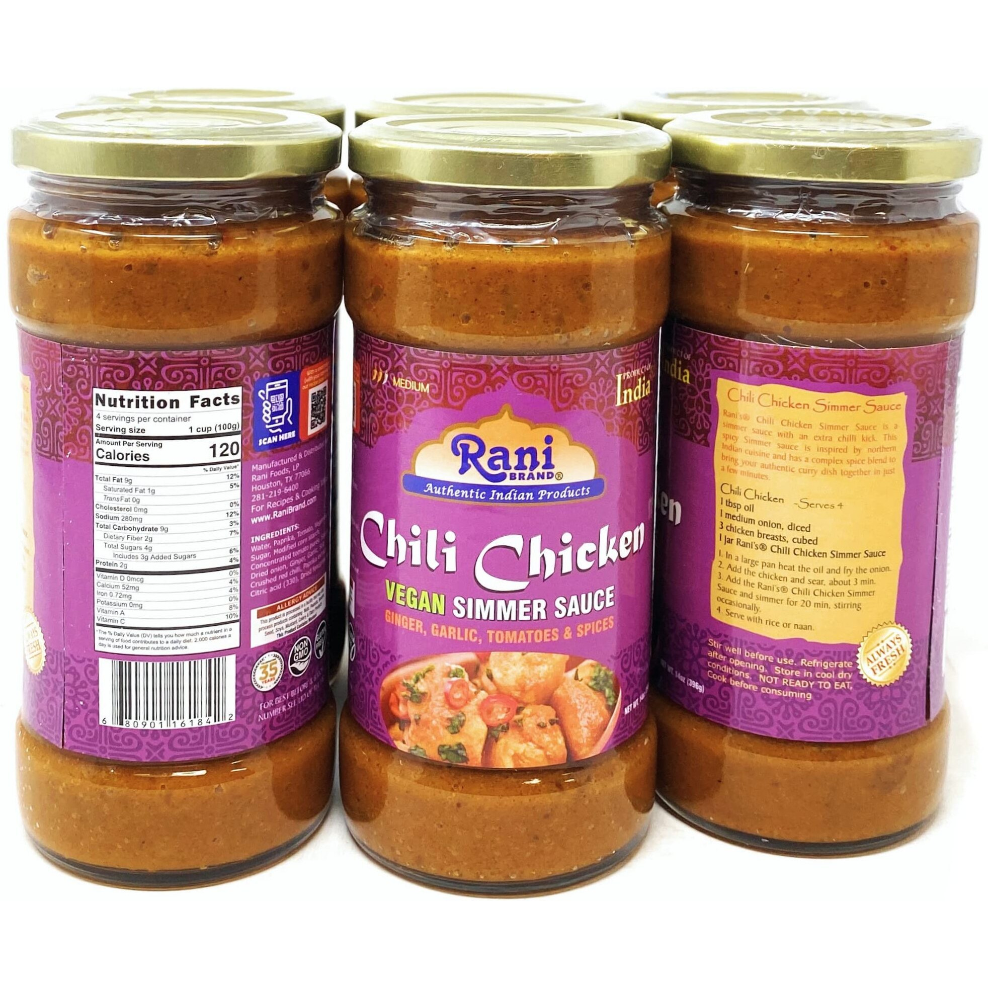 Rani Chili Chicken Vegan Simmer Sauce (Ginger, Garlic, Tomatoes & Spices) 14oz (400g) Glass Jar, Pack of 5+1FREE ~ Easy to Use, Vegan, No Colors, All Natural, NON-GMO, Gluten Free, Indian Origin