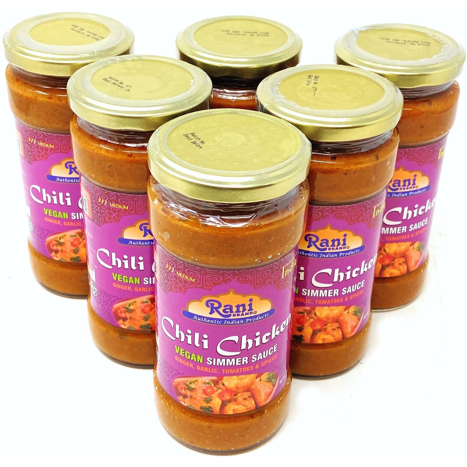 Rani Chili Chicken Vegan Simmer Sauce (Ginger, Garlic, Tomatoes & Spices) 14oz (400g) Glass Jar, Pack of 5+1FREE ~ Easy to Use, Vegan, No Colors, All Natural, NON-GMO, Gluten Free, Indian Origin