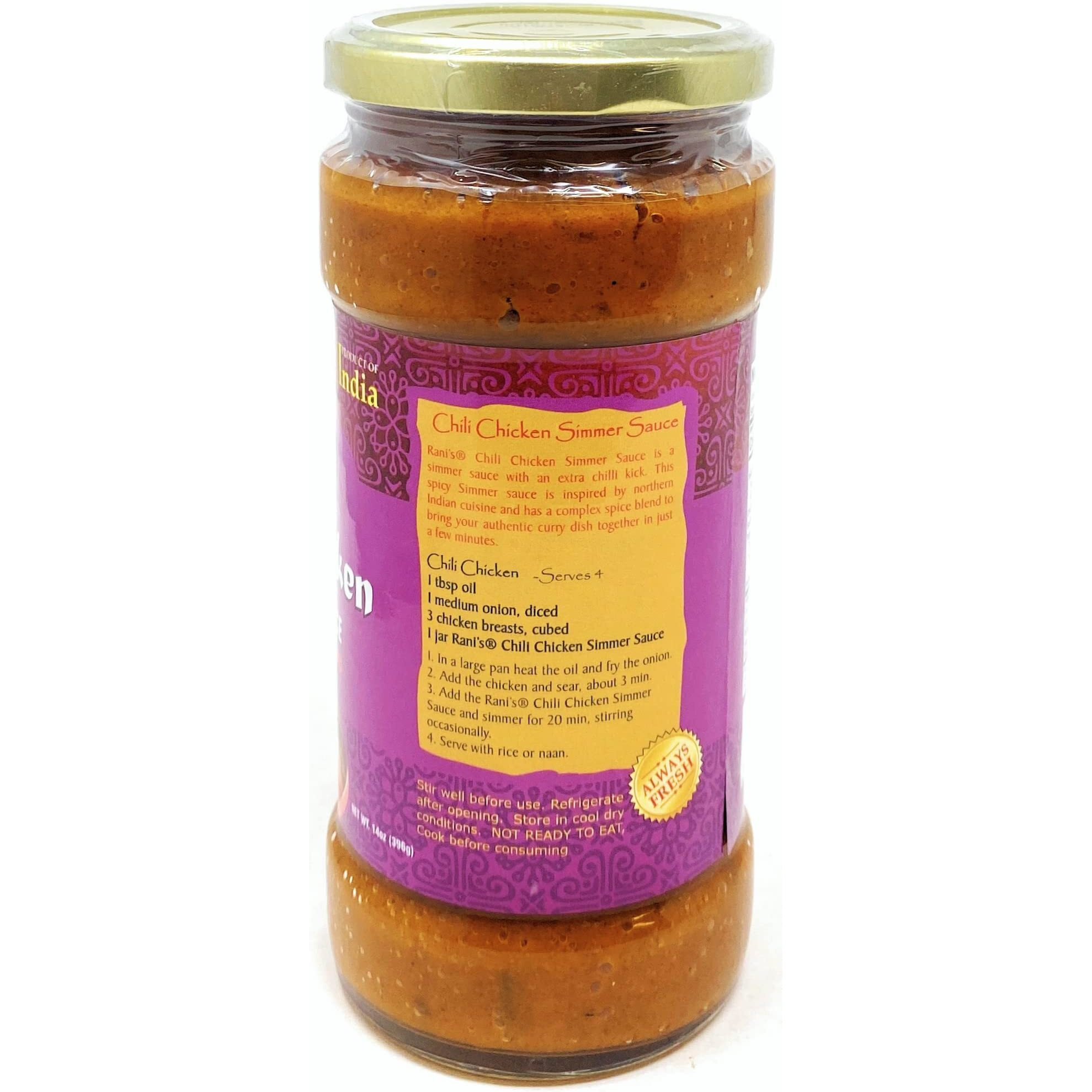 Rani Chili Chicken Vegan Simmer Sauce (Ginger, Garlic, Tomatoes & Spices) 14oz (400g) Glass Jar, Pack of 5+1FREE ~ Easy to Use, Vegan, No Colors, All Natural, NON-GMO, Gluten Free, Indian Origin