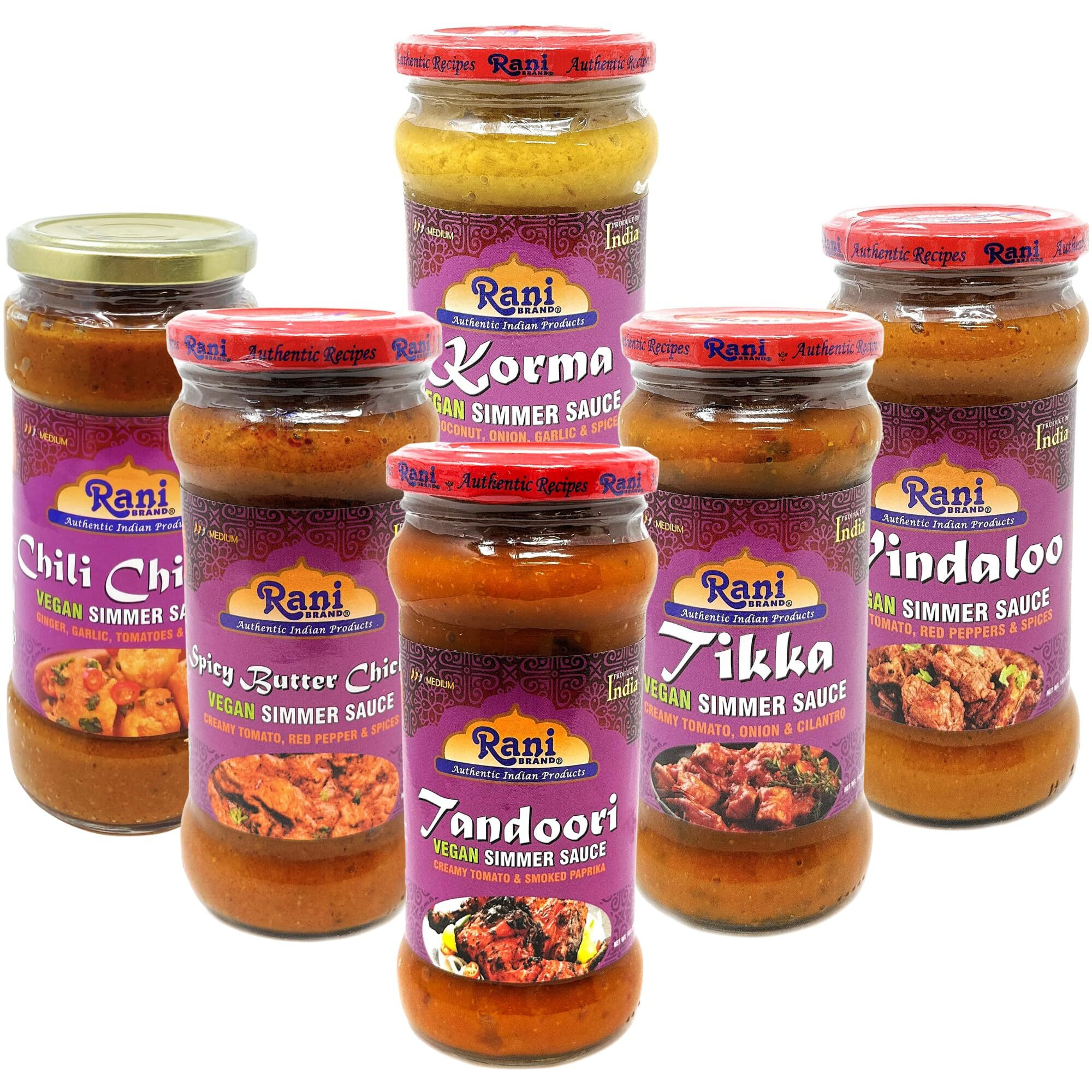 Rani Curry Vegan Simmer Sauces 6-Pack Variety (Tandoori, Tikka, Vindaloo, Korma, Chilli Chicken, Spicy Butter Chicken) 14oz (400g) Glass Jar ~ Easy to Use, All Natural, Gluten Free, Indian Origin