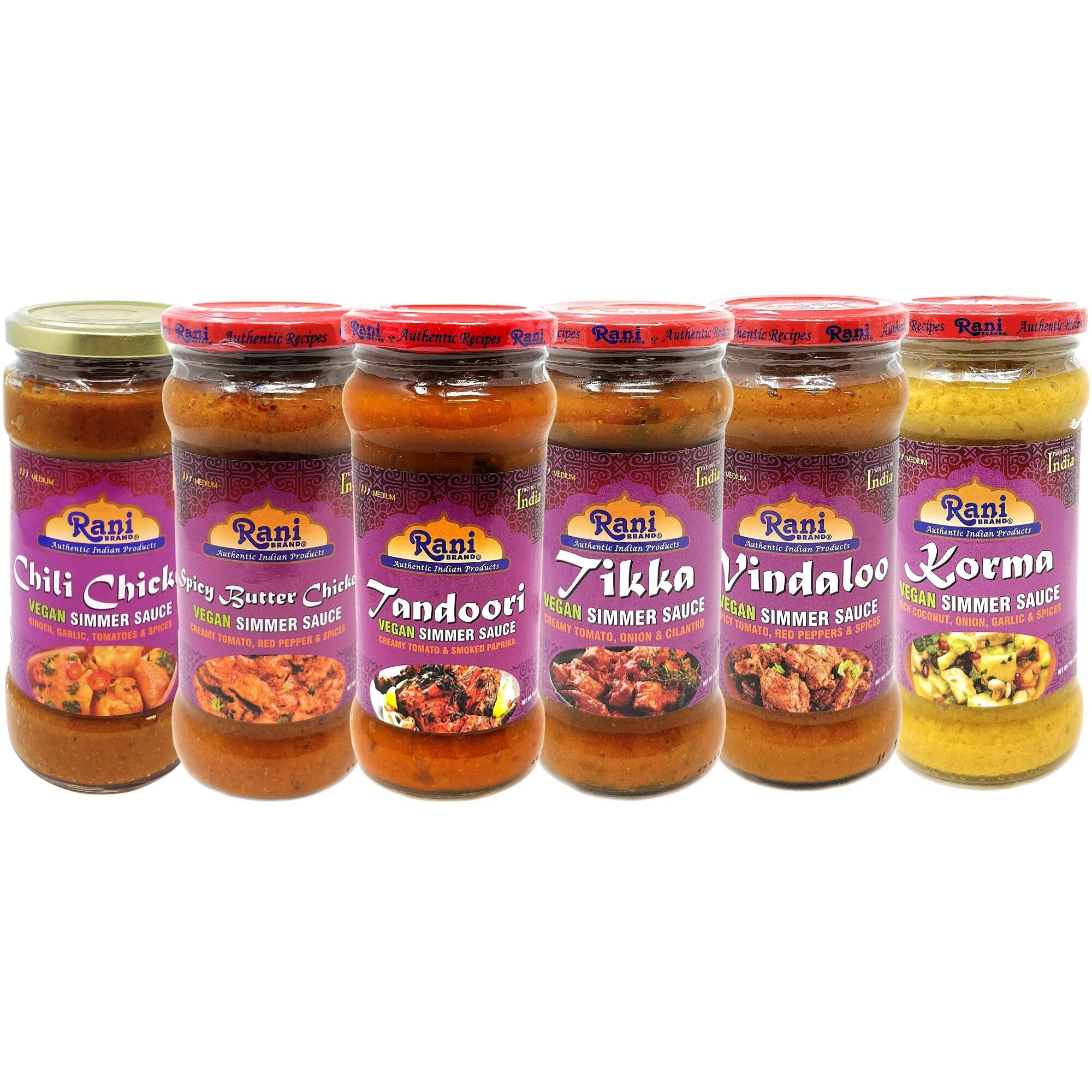 Rani Curry Vegan Simmer Sauces 6-Pack Variety (Tandoori, Tikka, Vindaloo, Korma, Chilli Chicken, Spicy Butter Chicken) 14oz (400g) Glass Jar ~ Easy to Use, All Natural, Gluten Free, Indian Origin