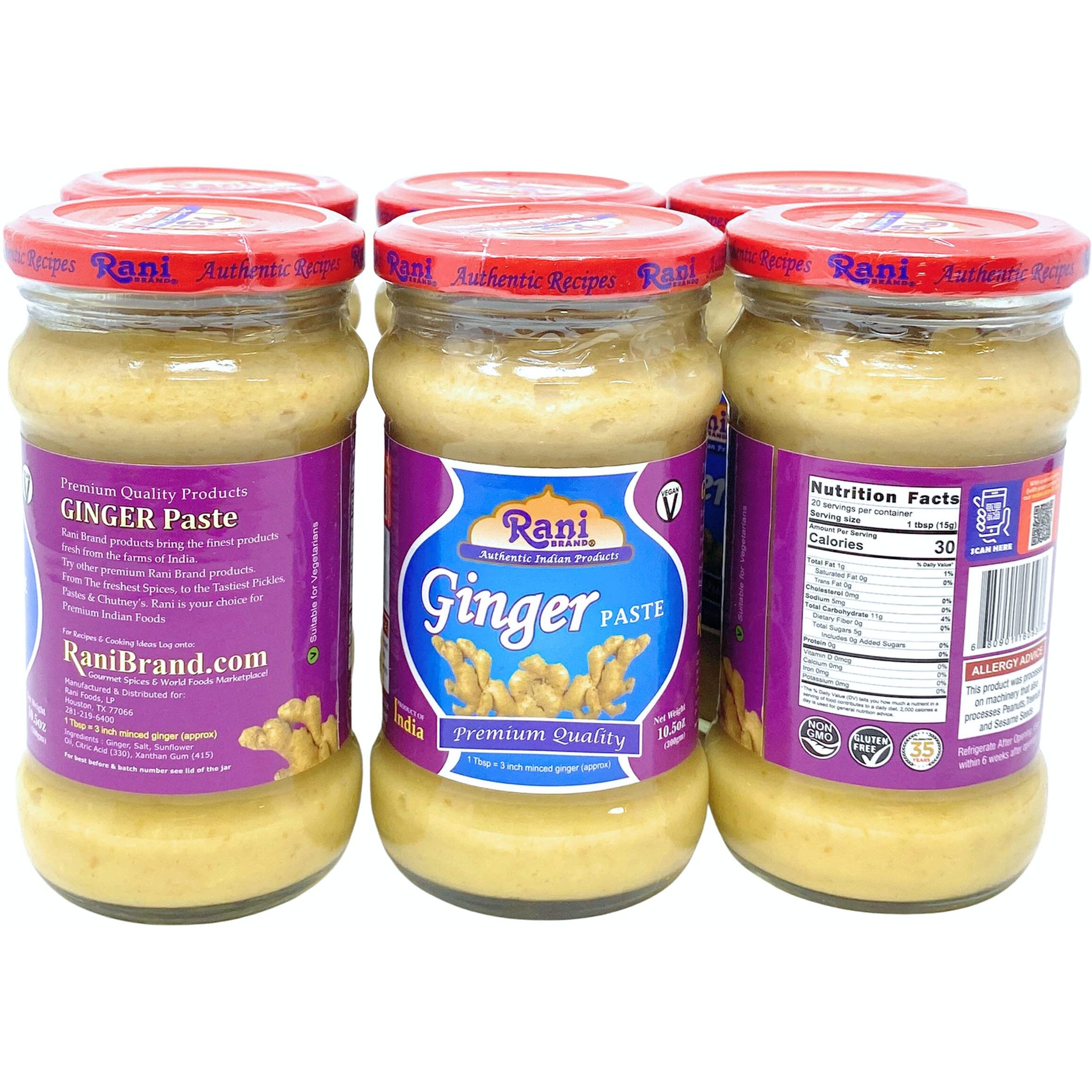 Rani Ginger Cooking Paste 10.58oz (300g) Glass Jar, Pack of 5+1 FREE ~ Vegan, Gluten Free, NON-GMO, No Colors, Indian Origin