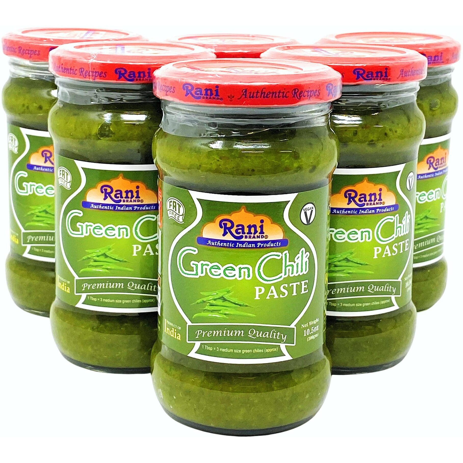 Rani Green Chilli Cooking Paste 10.58oz (300g) Glass Jar, Pack of 5+1 FREE ~ Vegan, Gluten Free, NON-GMO, No Colors, Indian Origin
