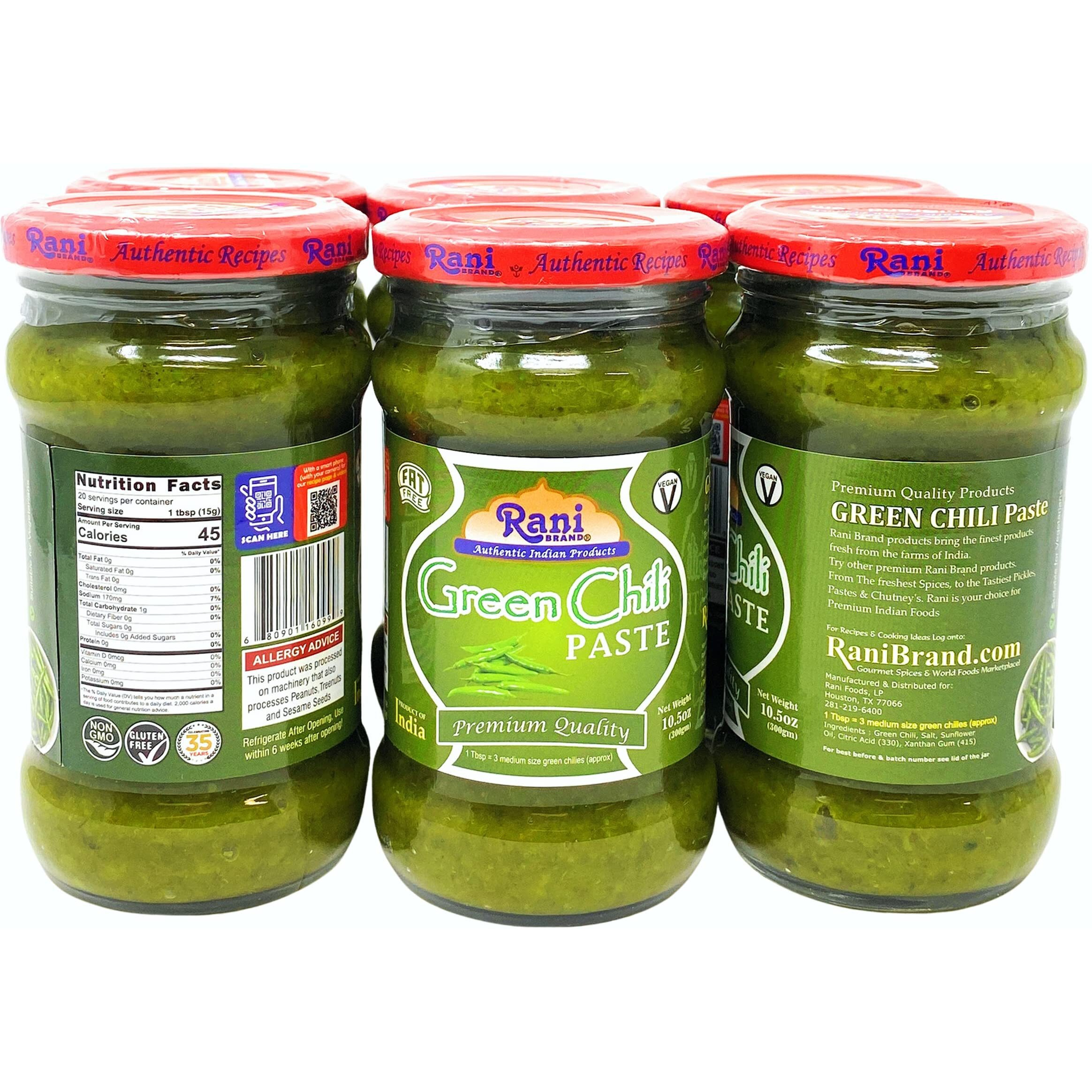 Rani Green Chilli Cooking Paste 10.58oz (300g) Glass Jar, Pack of 5+1 FREE ~ Vegan, Gluten Free, NON-GMO, No Colors, Indian Origin