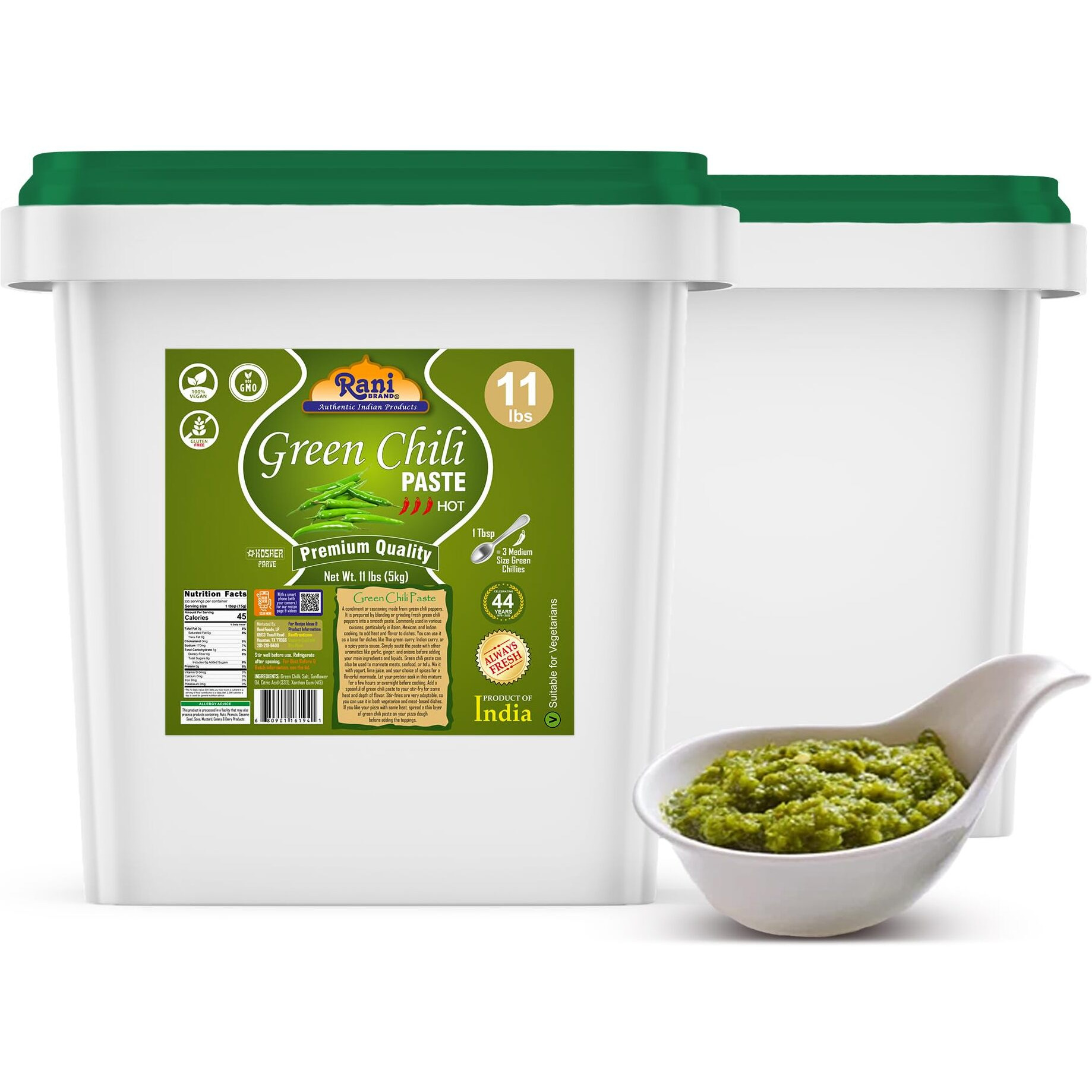 Rani Green Chilli Cooking Paste 176oz (11lbs) 5kg Bulk ~ Vegan, Gluten Free, NON-GMO, Kosher, No Colors, Indian Origin