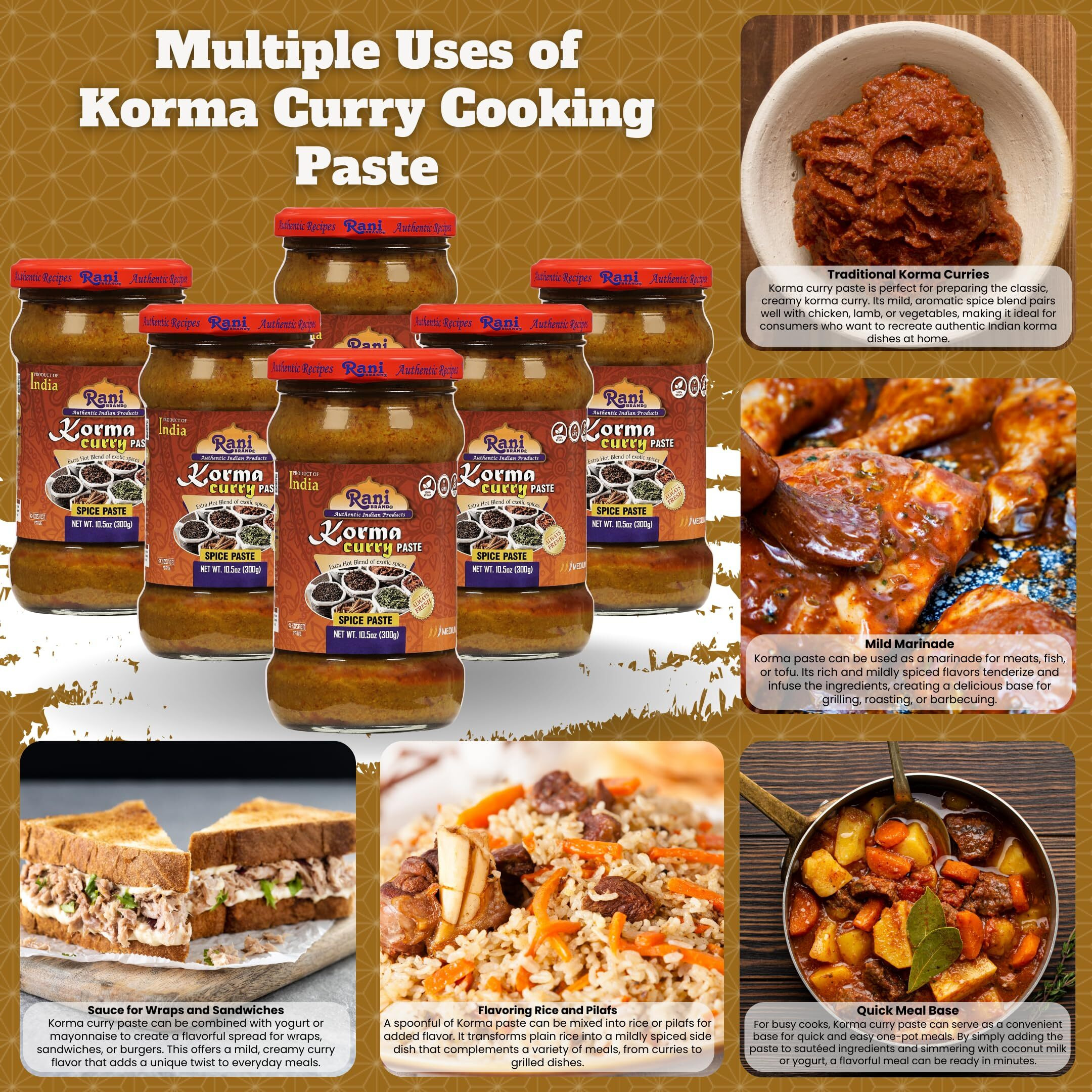Rani Korma Curry Cooking Spice Paste 10o.5z (300g) Glass Jar, Pack of 5+1 FREE ~ No Colors, All Natural, NON-GMO, Vegan, Gluten Free, Indian Origin