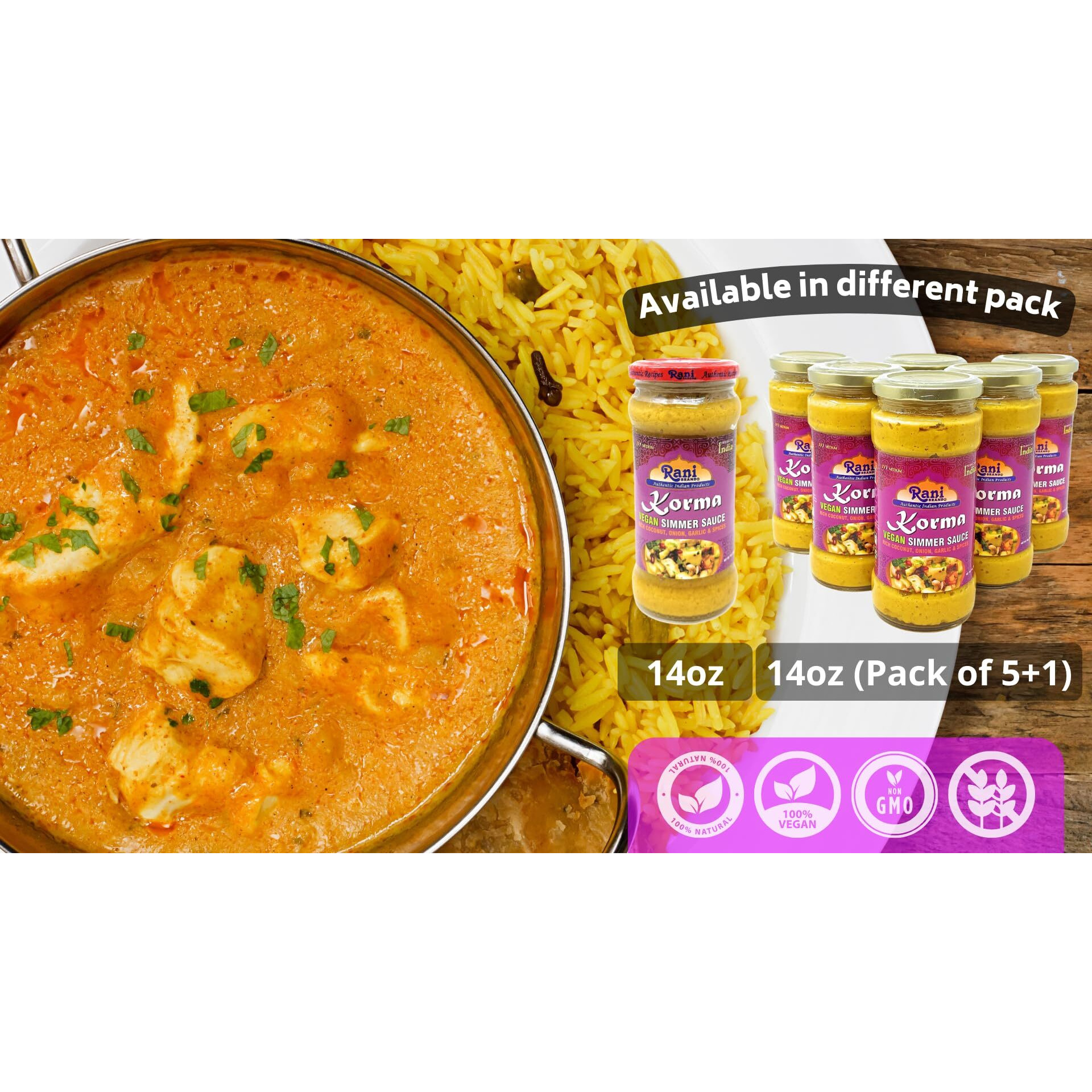 Rani Korma Curry Vegan Simmer Sauce (Rich Coconut, Onion, Garlic & Spices) 14oz (400g) Glass Jar, Pack of 5 +1 FREE ~ Easy to Use, Vegan, All Natural, NON-GMO, Gluten Free, Indian Origin