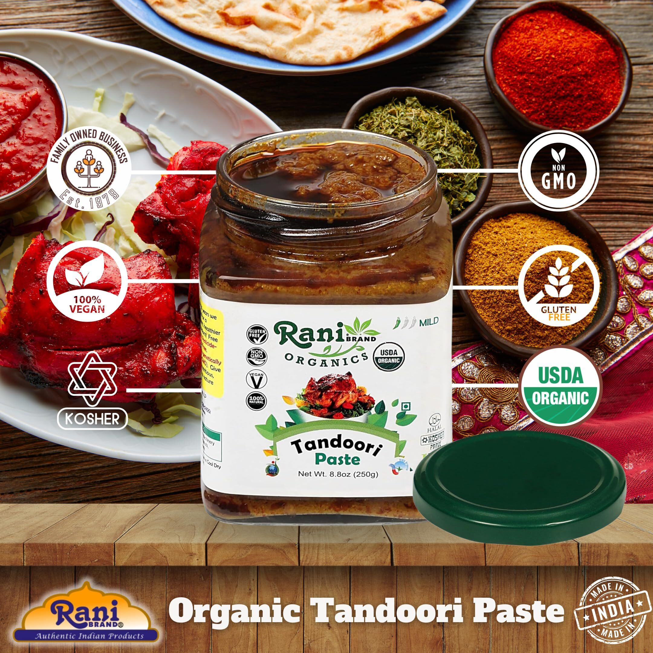 Rani Organic Tandoori Paste 8.8oz (250g) Glass Jar ~ For Tandoori Chicken, Chicken Tikka, Paneer Tikka, All Natural, NON-GMO, Vegan, Gluten Free, Indian Origin, USDA Certified Organic