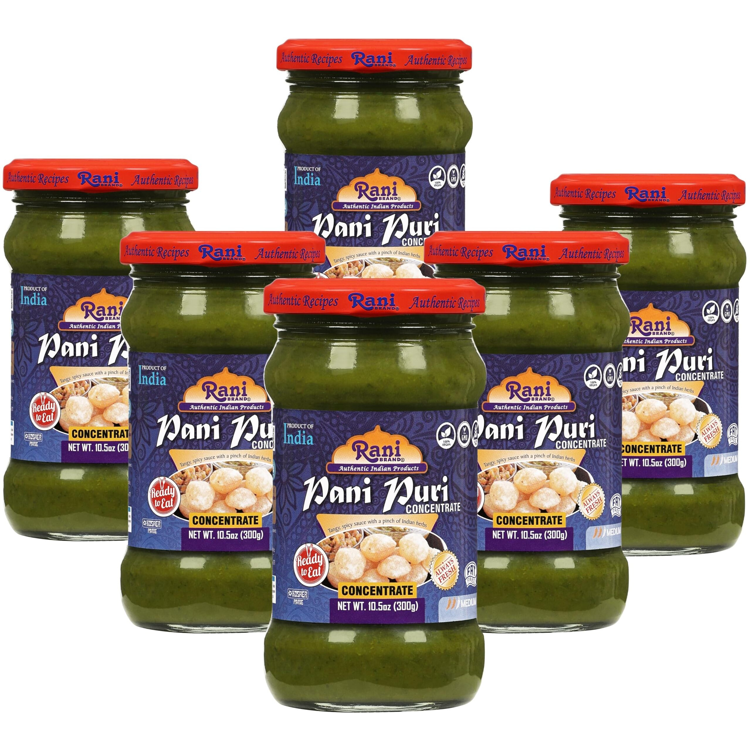 Rani Pani Puri Concentrate (Sweet & Spicy to Make Pani Water/Spicy Water) 10.5oz (300g) Glass Jar, Ready to Eat, Pack of 5+1 FREE ~ Vegan, Gluten Free, NON-GMO, Indian Origin