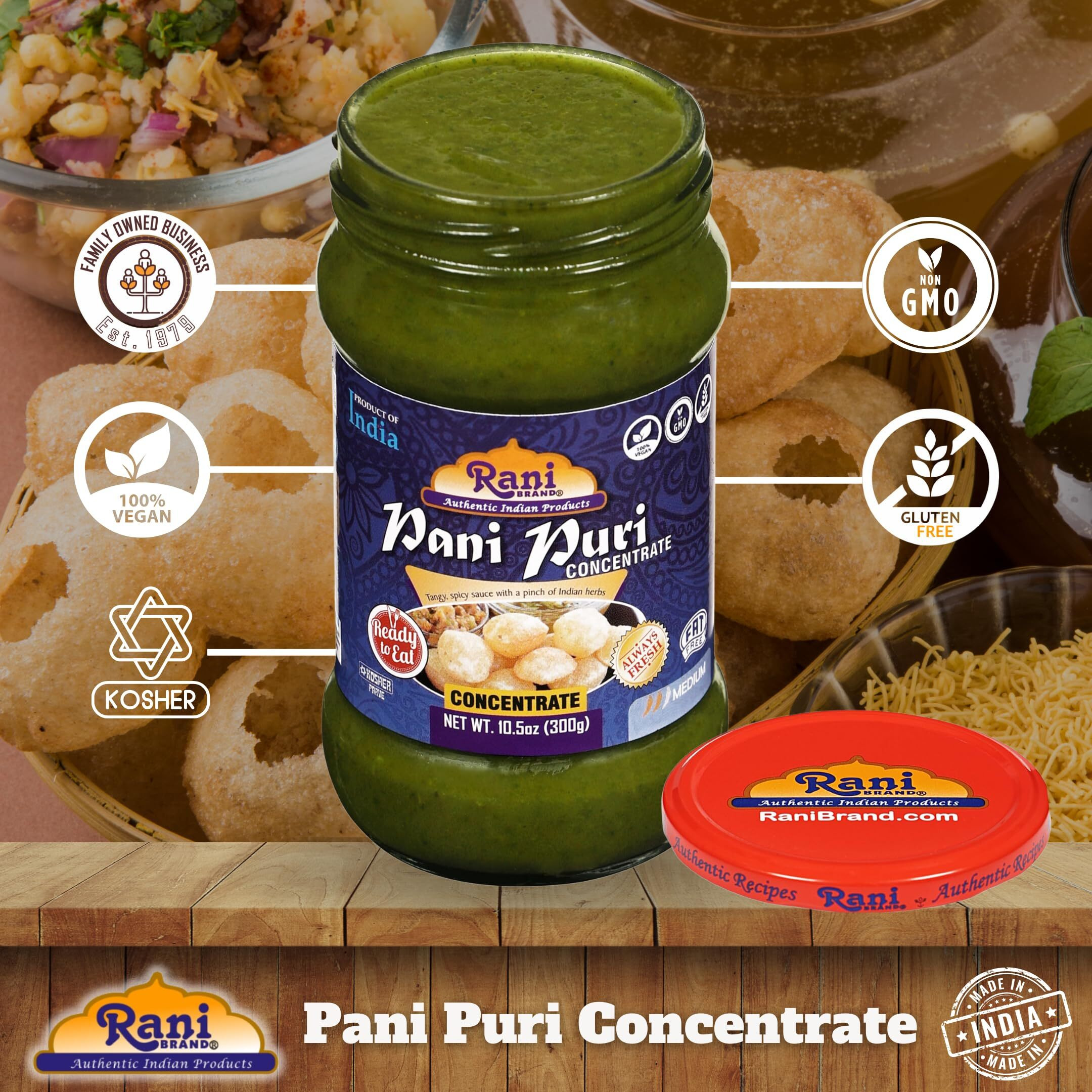 Rani Pani Puri Concentrate (Sweet & Spicy to Make Pani Water/Spicy Water) 10.5oz (300g) Glass Jar, Ready to Eat, Pack of 5+1 FREE ~ Vegan, Gluten Free, NON-GMO, Indian Origin