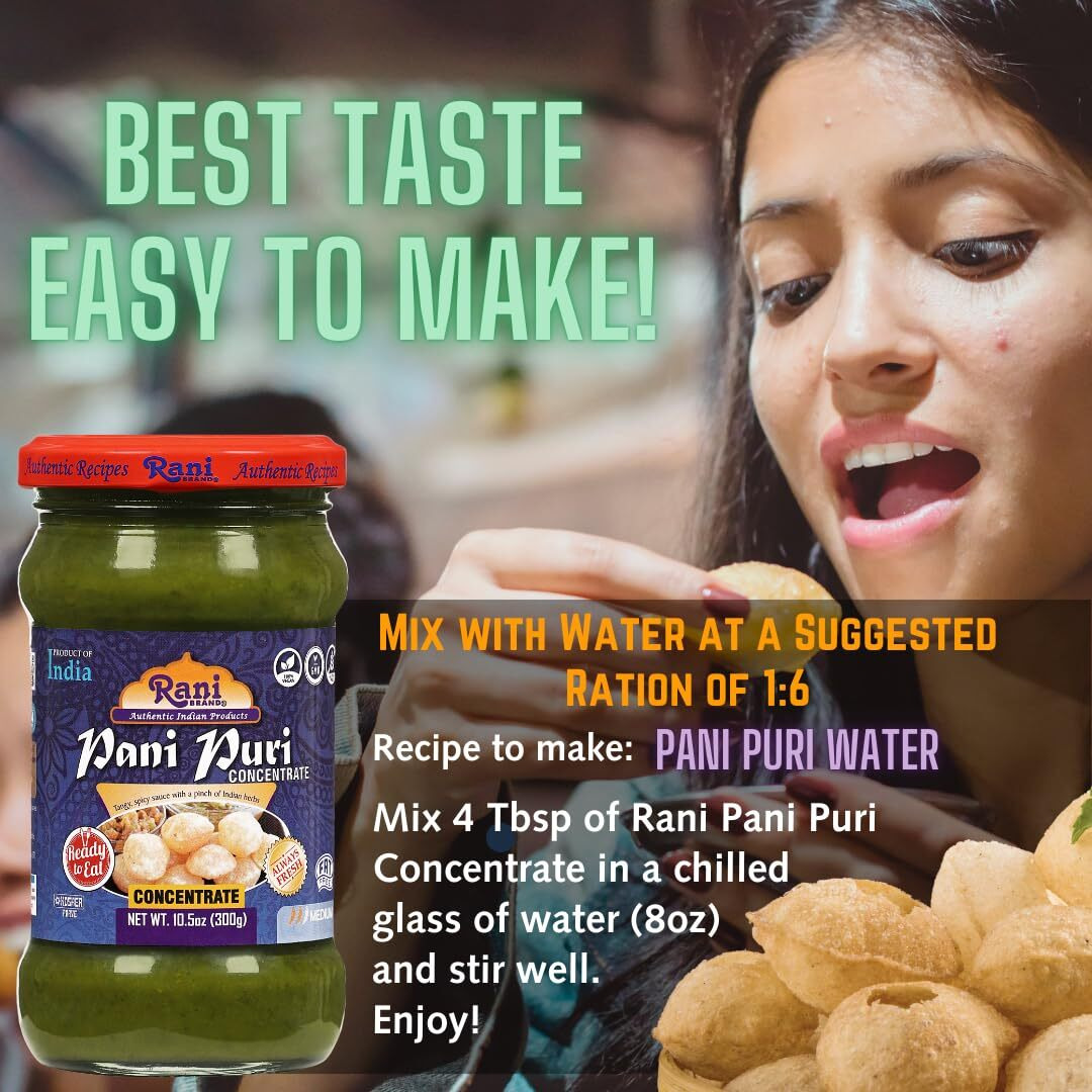 Rani Pani Puri Concentrate (Sweet & Spicy to Make Pani Water/Spicy Water) 10.5oz (300g) Glass Jar, Ready to Eat, Pack of 5+1 FREE ~ Vegan, Gluten Free, NON-GMO, Indian Origin