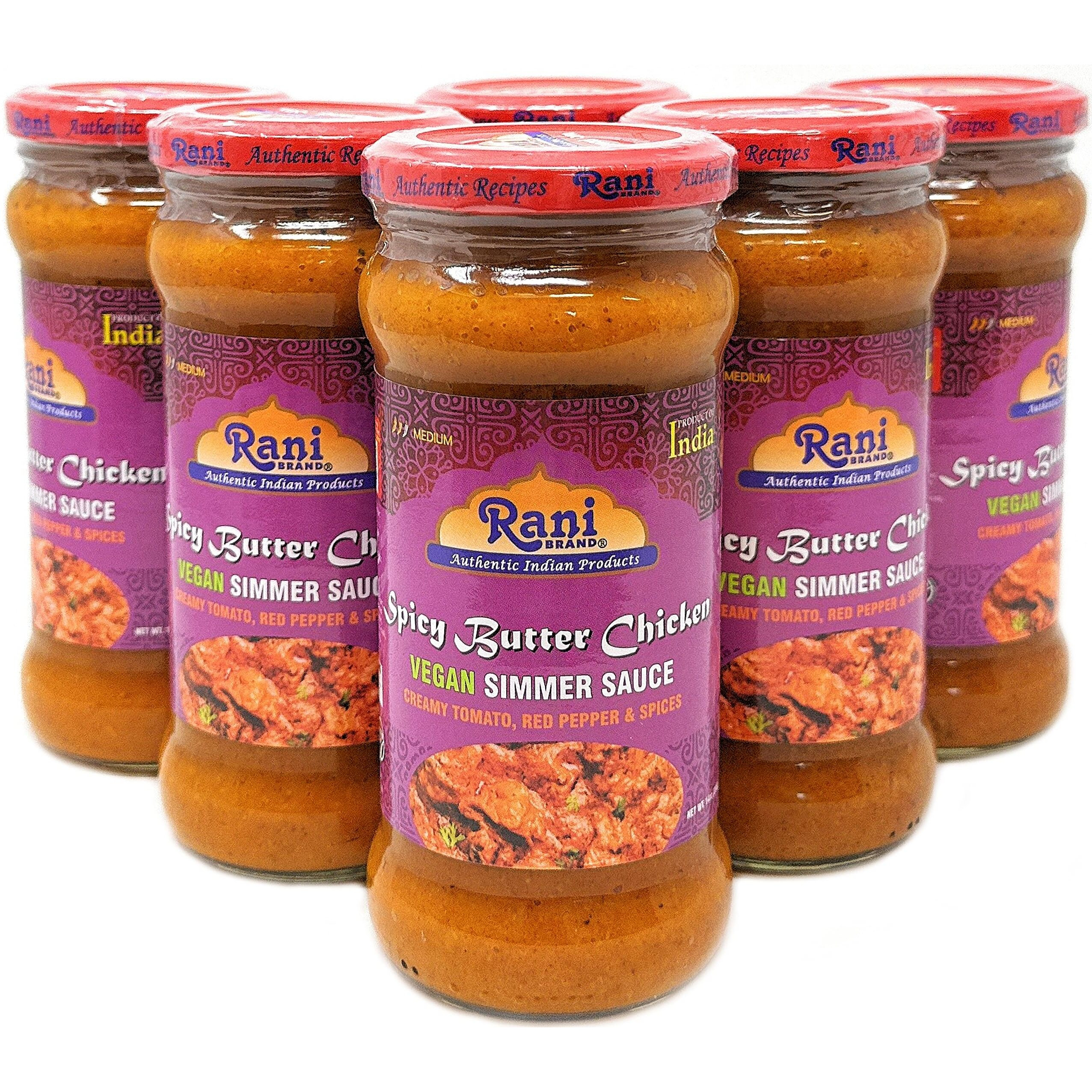 Rani Spicy Butter Chicken Vegan Simmer Sauce 14oz (400g) Glass Jar, Pack of 5 +1 FREE ~ Easy to Use, Vegan, No Colors, All Natural, NON-GMO, Gluten Free, Indian Origin (Size 14oz (400g))