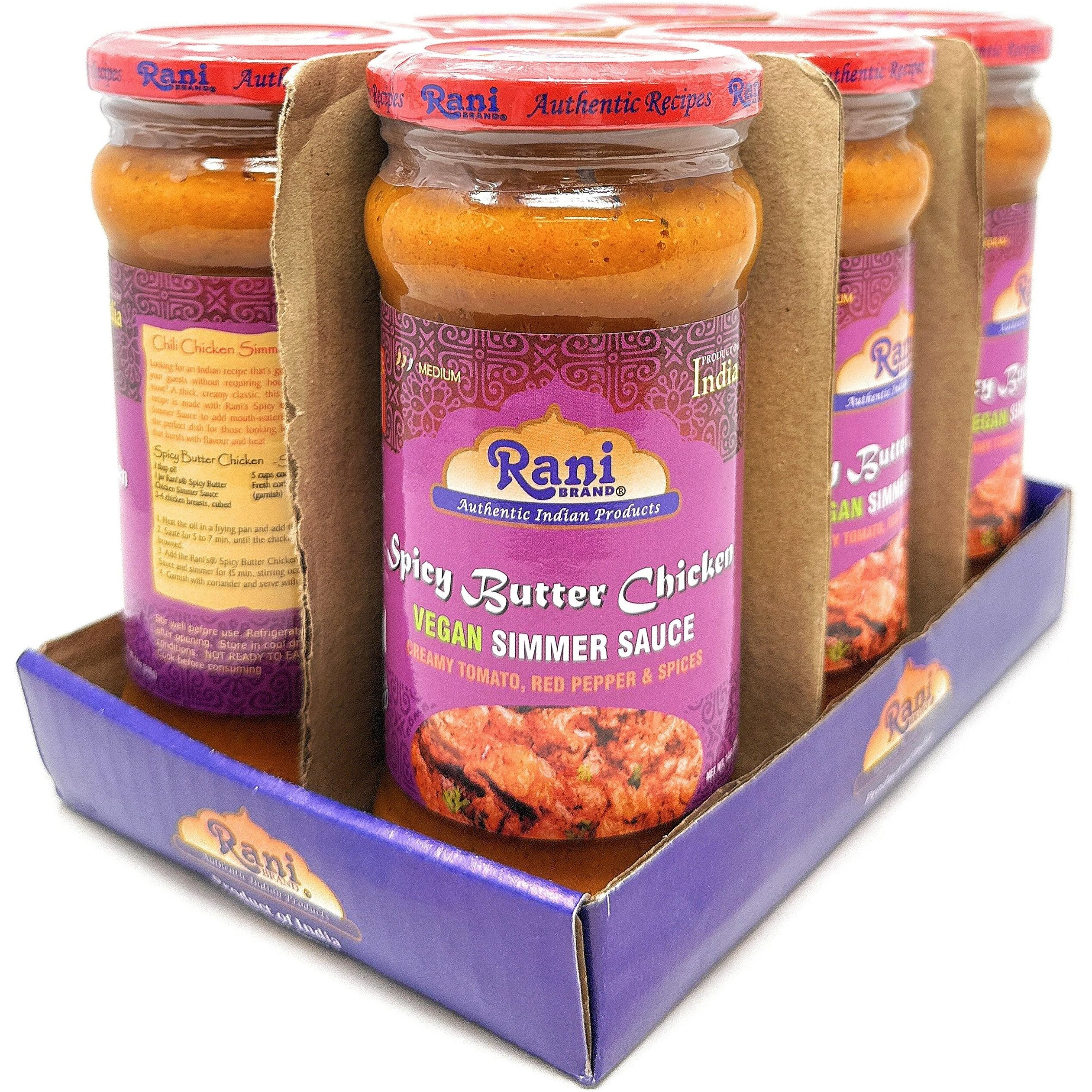 Rani Spicy Butter Chicken Vegan Simmer Sauce 14oz (400g) Glass Jar, Pack of 5 +1 FREE ~ Easy to Use, Vegan, No Colors, All Natural, NON-GMO, Gluten Free, Indian Origin (Size 14oz (400g))