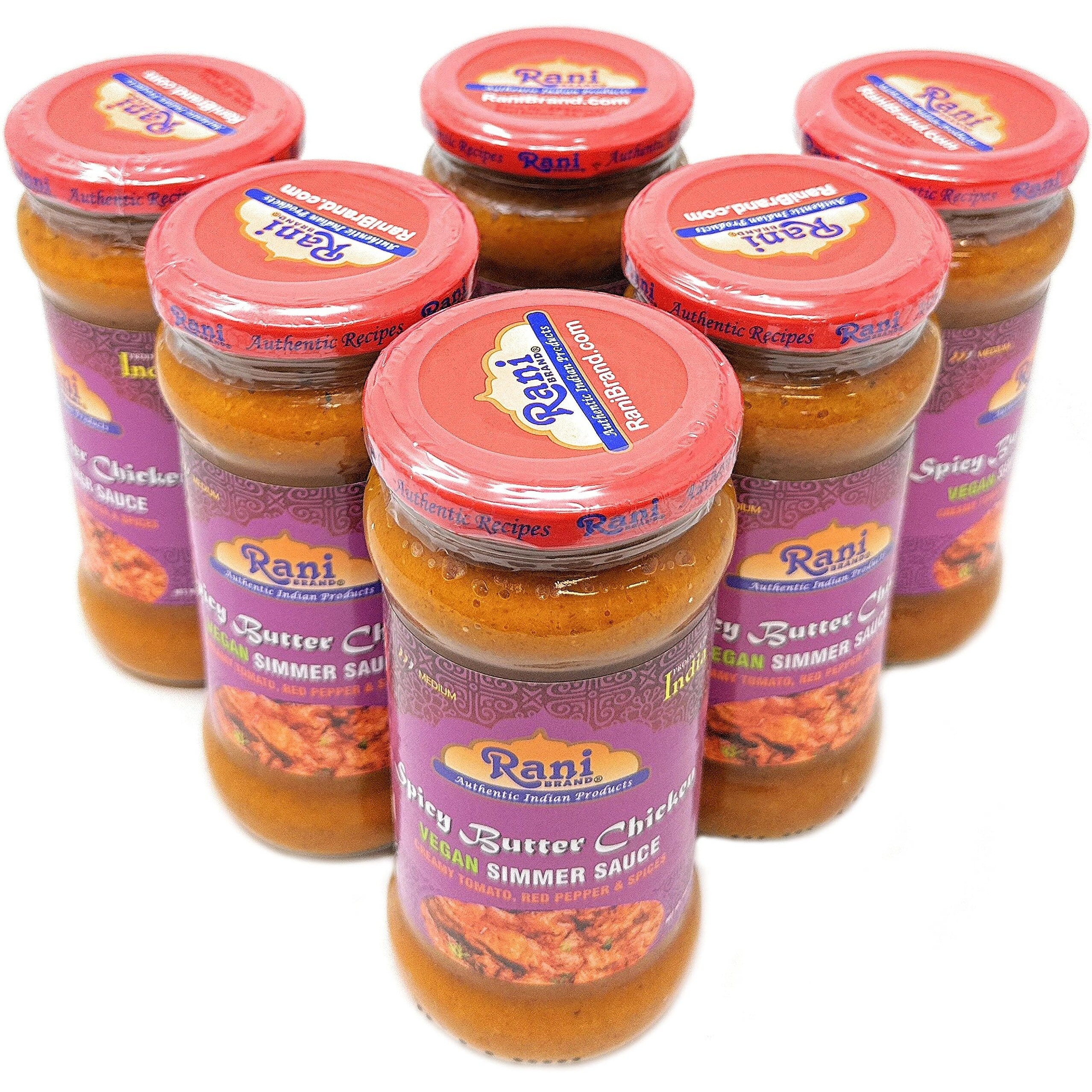 Rani Spicy Butter Chicken Vegan Simmer Sauce 14oz (400g) Glass Jar, Pack of 5 +1 FREE ~ Easy to Use, Vegan, No Colors, All Natural, NON-GMO, Gluten Free, Indian Origin (Size 14oz (400g))
