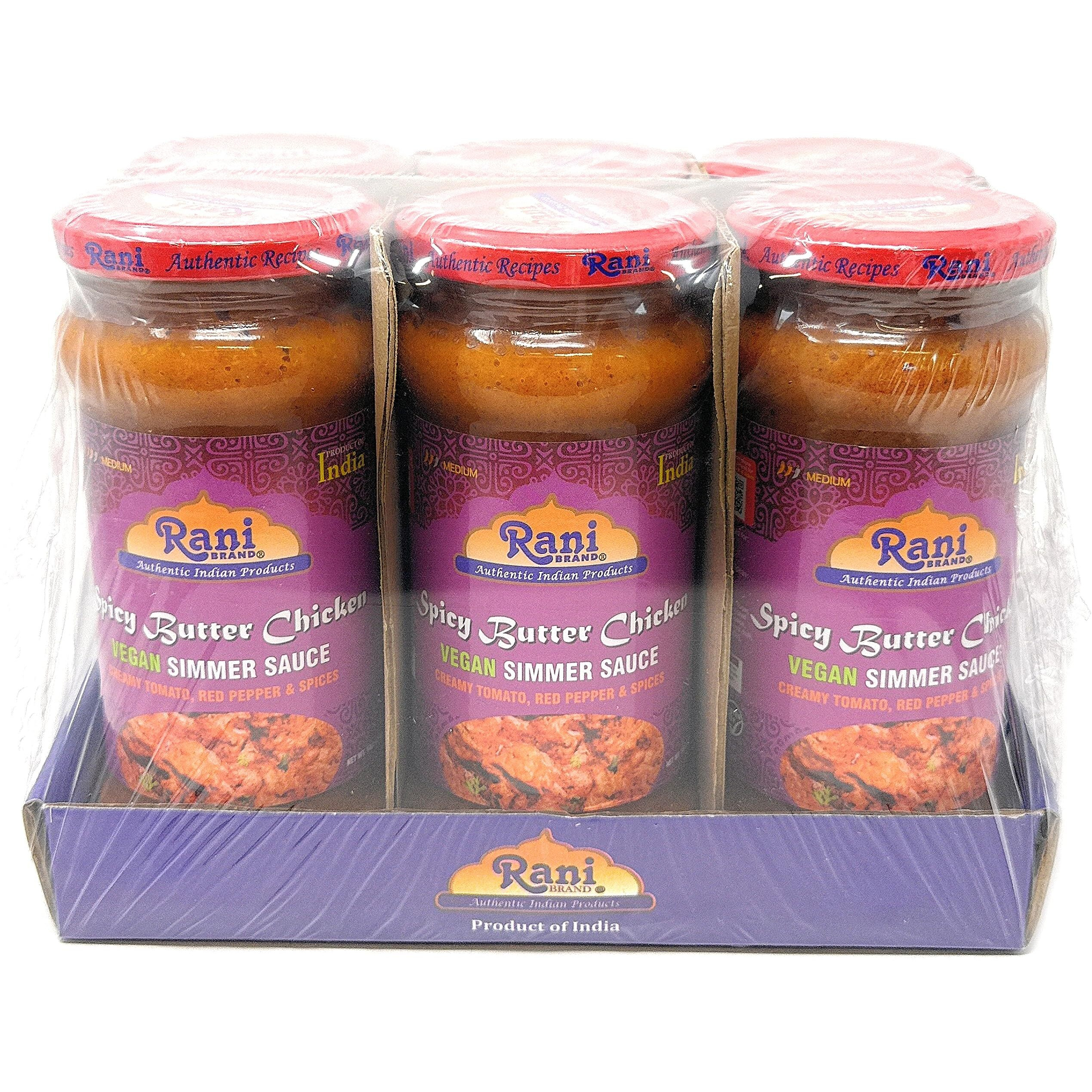 Rani Spicy Butter Chicken Vegan Simmer Sauce 14oz (400g) Glass Jar, Pack of 5 +1 FREE ~ Easy to Use, Vegan, No Colors, All Natural, NON-GMO, Gluten Free, Indian Origin (Size 14oz (400g))
