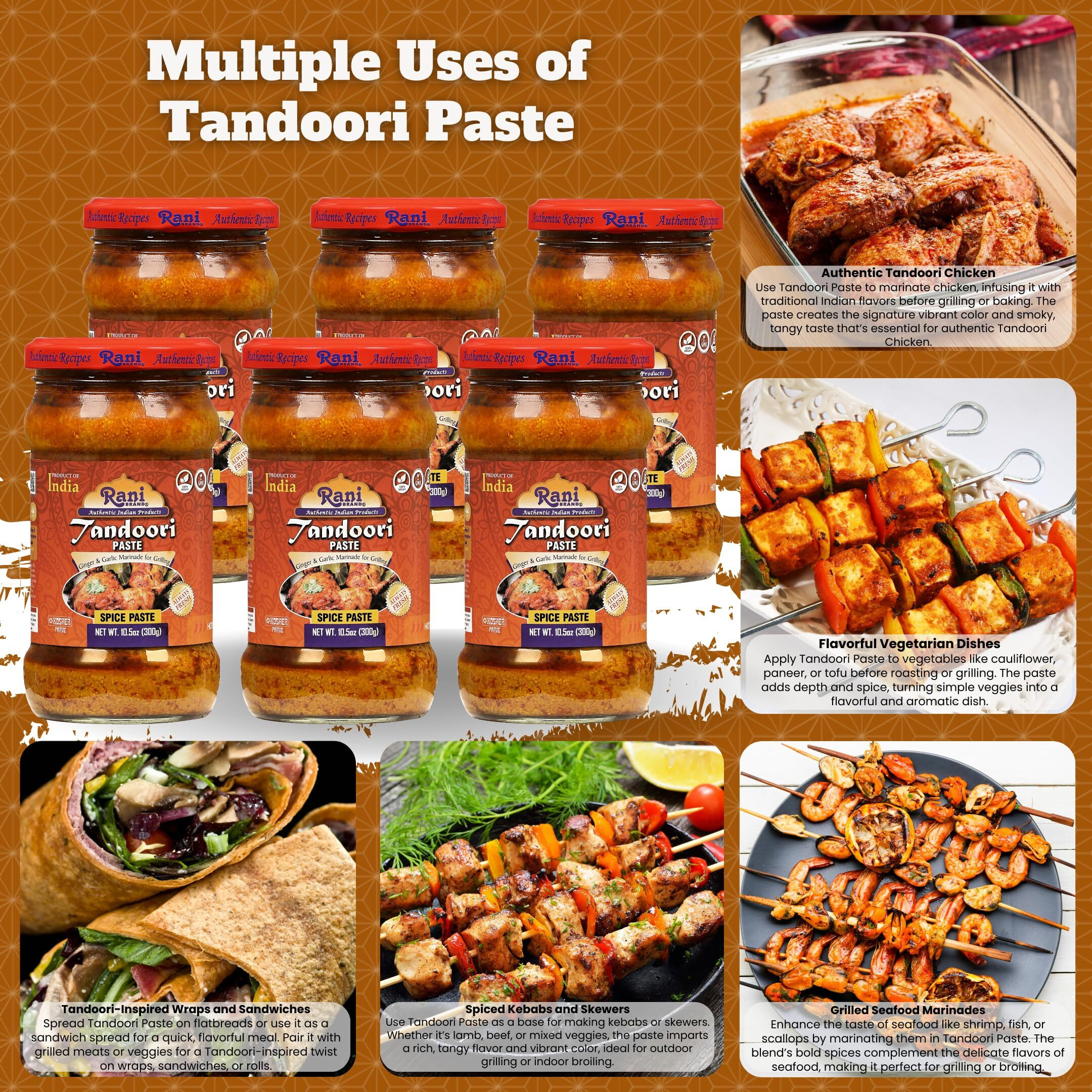 Rani Tandoori Paste (No Colors) 10.5oz (300g) Glass Jar, Pack of 5+1 FREE ~ For Tandoori Chicken, Chicken Tikka, Paneer Tikka, All Natural, NON-GMO, Vegan, Gluten Free, Indian Origin (Size 10.5oz (300g))