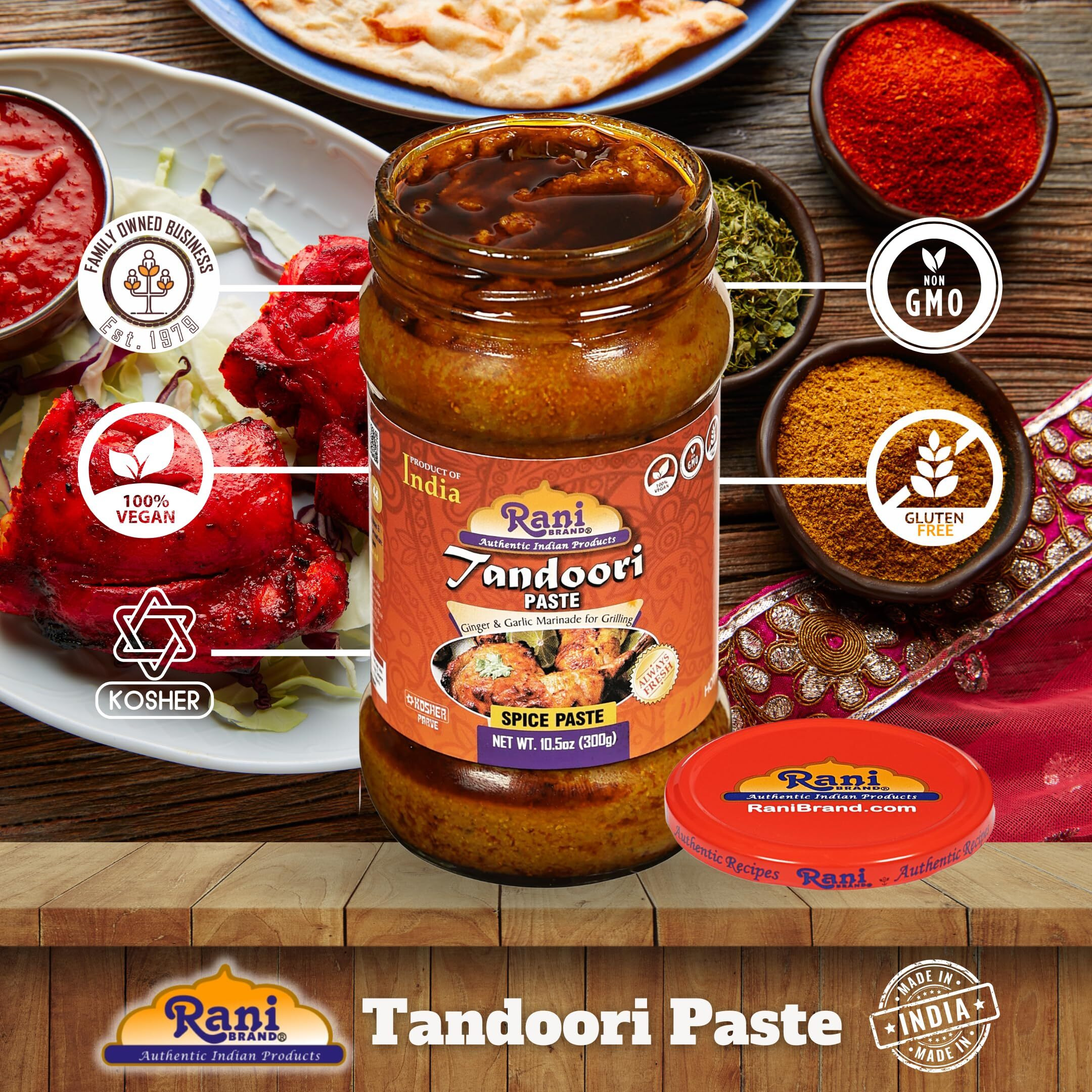 Rani Tandoori Paste (No Colors) 10.5oz (300g) Glass Jar, Pack of 5+1 FREE ~ For Tandoori Chicken, Chicken Tikka, Paneer Tikka, All Natural, NON-GMO, Vegan, Gluten Free, Indian Origin (Size 10.5oz (300g))