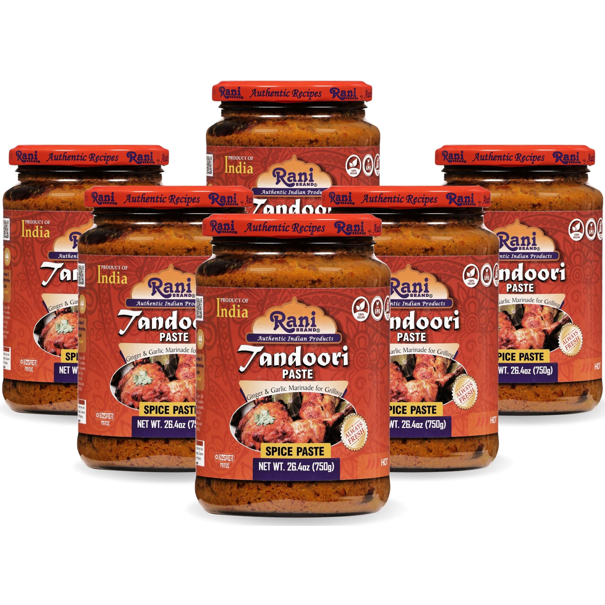 Rani Tandoori Paste (No Colors) 26.5oz (750g) Glass Jar, Pack of 5+1 FREE ~ For Tandoori Chicken, Chicken Tikka, Paneer Tikka, All Natural, NON-GMO, Vegan, Gluten Free, Indian Origin (Size 26.5oz (750g))