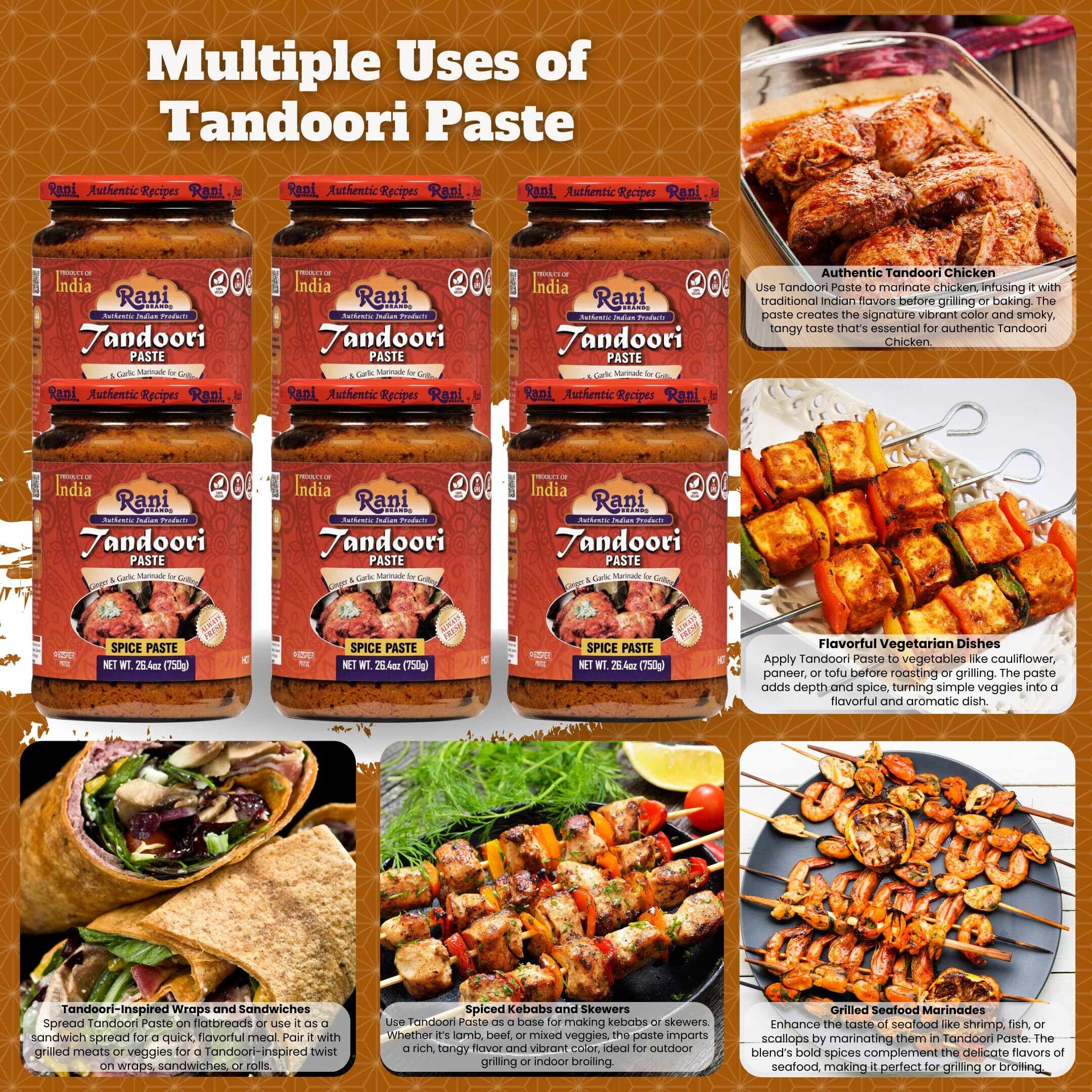 Rani Tandoori Paste (No Colors) 26.5oz (750g) Glass Jar, Pack of 5+1 FREE ~ For Tandoori Chicken, Chicken Tikka, Paneer Tikka, All Natural, NON-GMO, Vegan, Gluten Free, Indian Origin (Size 26.5oz (750g))