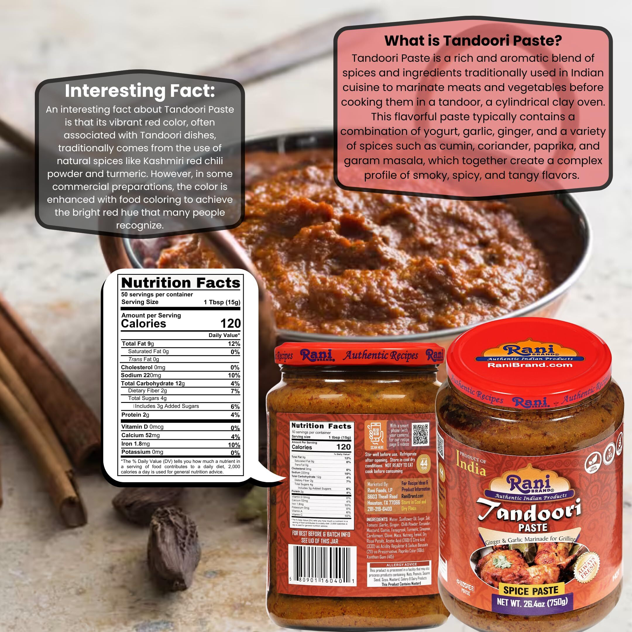 Rani Tandoori Paste (No Colors) 26.5oz (750g) Glass Jar, Pack of 5+1 FREE ~ For Tandoori Chicken, Chicken Tikka, Paneer Tikka, All Natural, NON-GMO, Vegan, Gluten Free, Indian Origin (Size 26.5oz (750g))