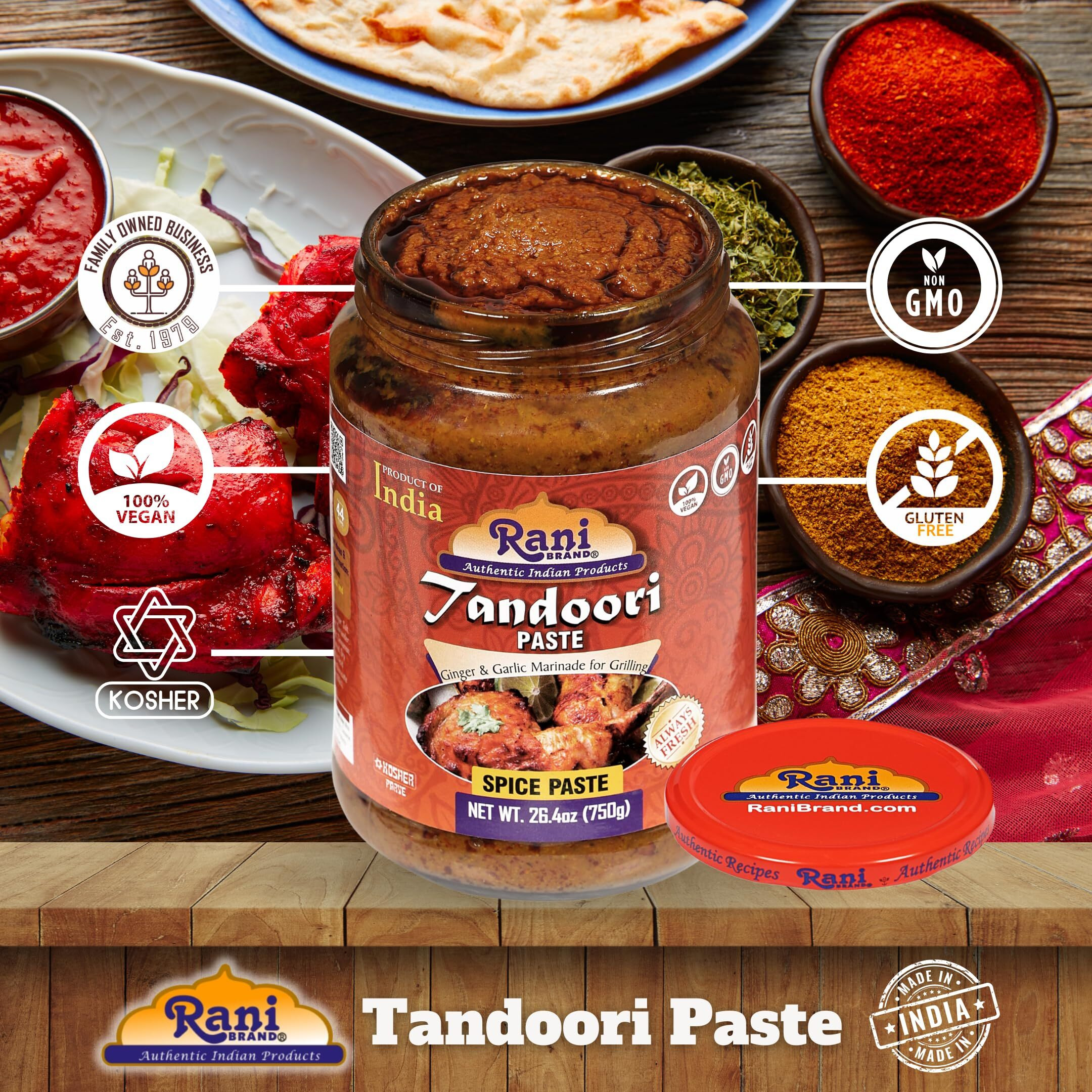 Rani Tandoori Paste (No Colors) 26.5oz (750g) Glass Jar, Pack of 5+1 FREE ~ For Tandoori Chicken, Chicken Tikka, Paneer Tikka, All Natural, NON-GMO, Vegan, Gluten Free, Indian Origin (Size 26.5oz (750g))