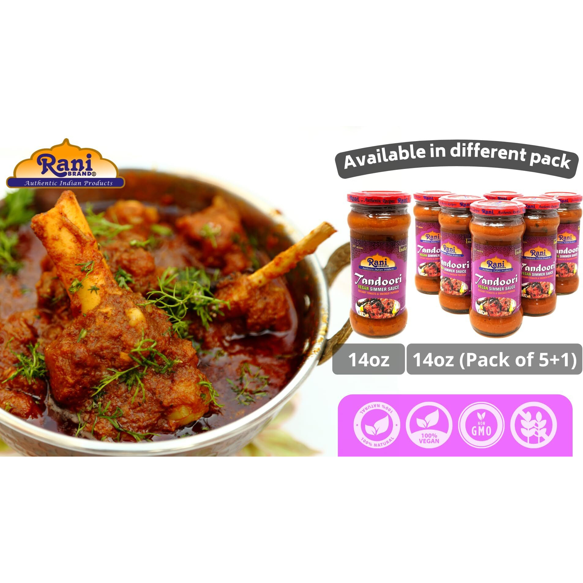 Rani Tandoori Vegan Simmer Sauce (Creamy Tomato & Smoked Paprika) 14oz (400g) Glass Jar, Pack of 5 +1 FREE ~ Easy to Use, Vegan, No Colors, All Natural, NON-GMO, Gluten Free, Indian Origin (Size 14oz (400g))