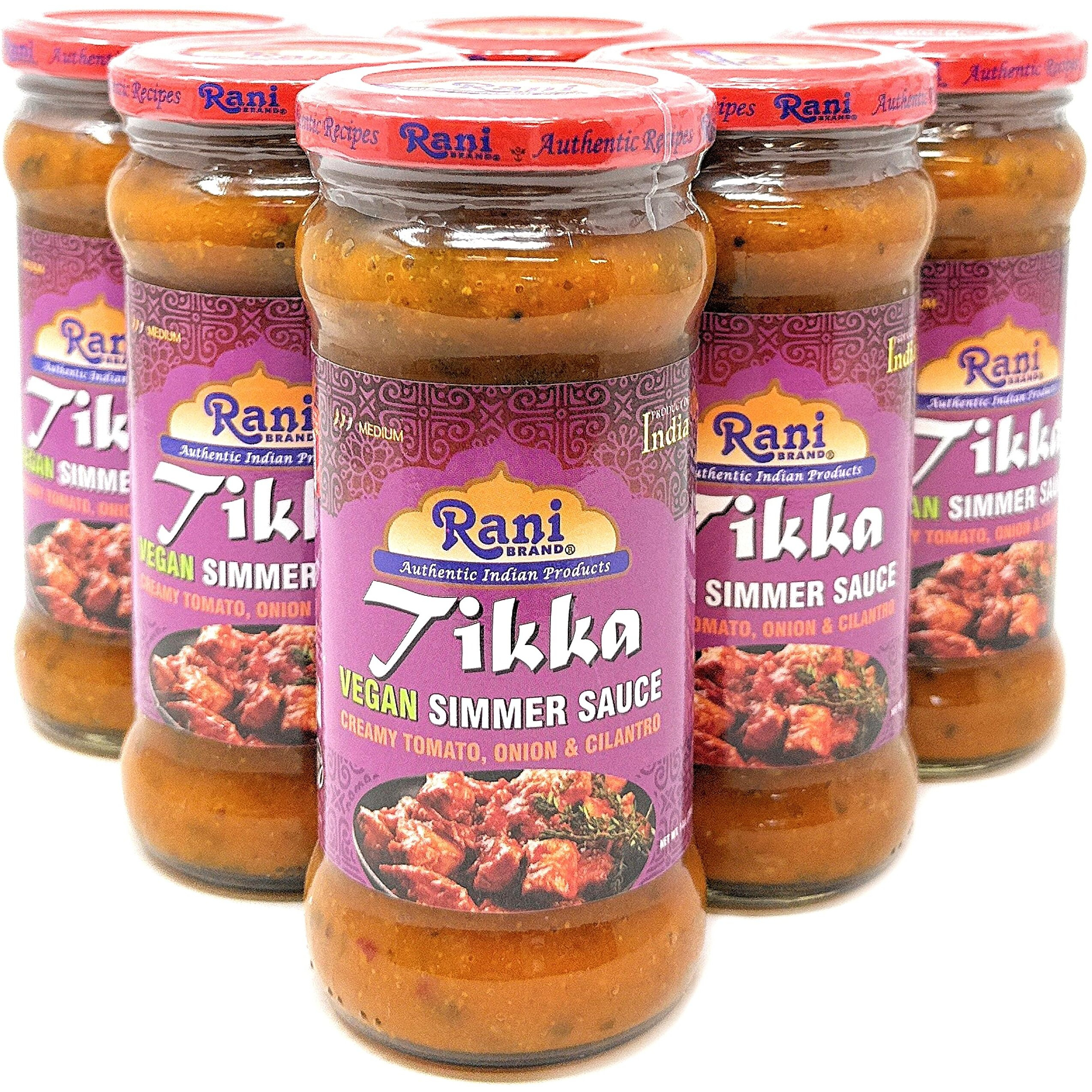 Rani Tikka Curry Vegan Simmer Sauce (Creamy Tomato, Onion & Cilantro) 14oz (400g) Glass Jar, Pack of 5 +1 FREE ~ Easy to Use, Vegan, No Colors, All Natural, NON-GMO, Gluten Free, Indian Origin (Size 14oz (400g))