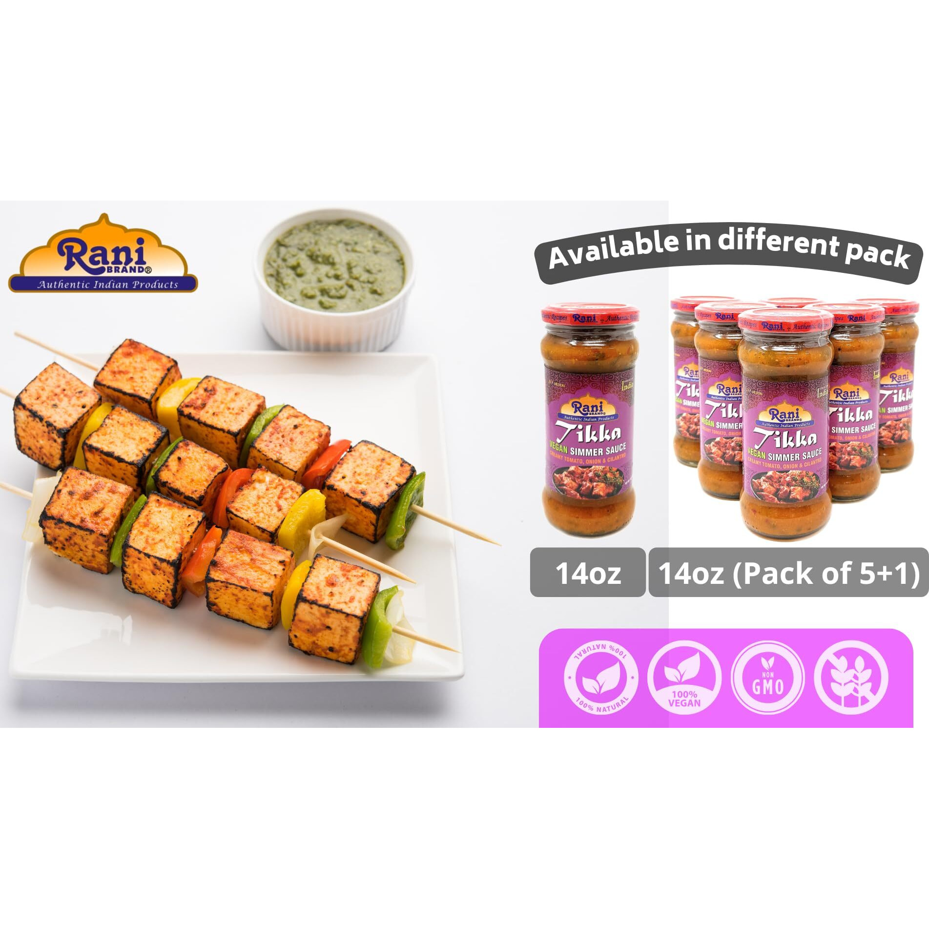 Rani Tikka Curry Vegan Simmer Sauce (Creamy Tomato, Onion & Cilantro) 14oz (400g) Glass Jar, Pack of 5 +1 FREE ~ Easy to Use, Vegan, No Colors, All Natural, NON-GMO, Gluten Free, Indian Origin (Size 14oz (400g))