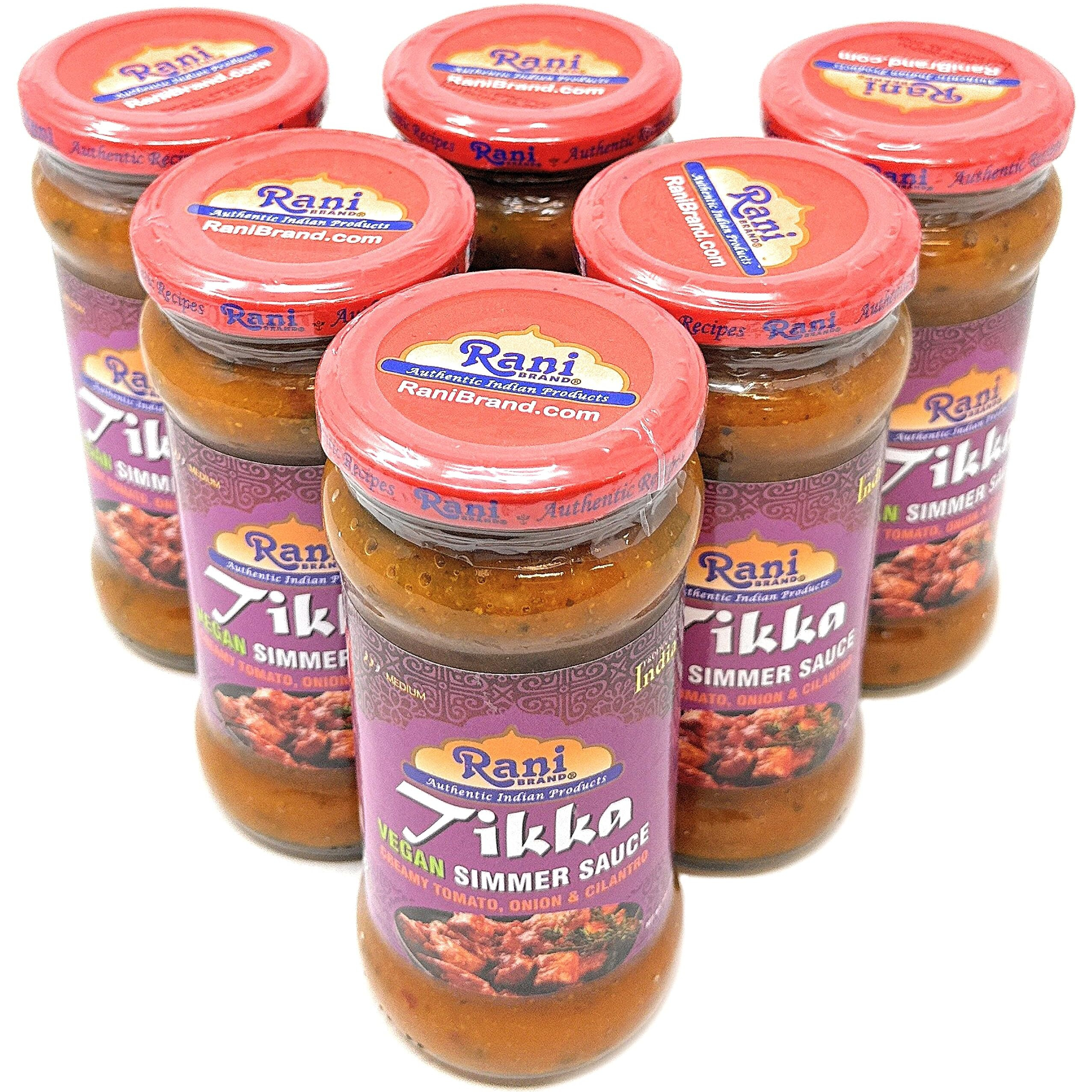 Rani Tikka Curry Vegan Simmer Sauce (Creamy Tomato, Onion & Cilantro) 14oz (400g) Glass Jar, Pack of 5 +1 FREE ~ Easy to Use, Vegan, No Colors, All Natural, NON-GMO, Gluten Free, Indian Origin (Size 14oz (400g))