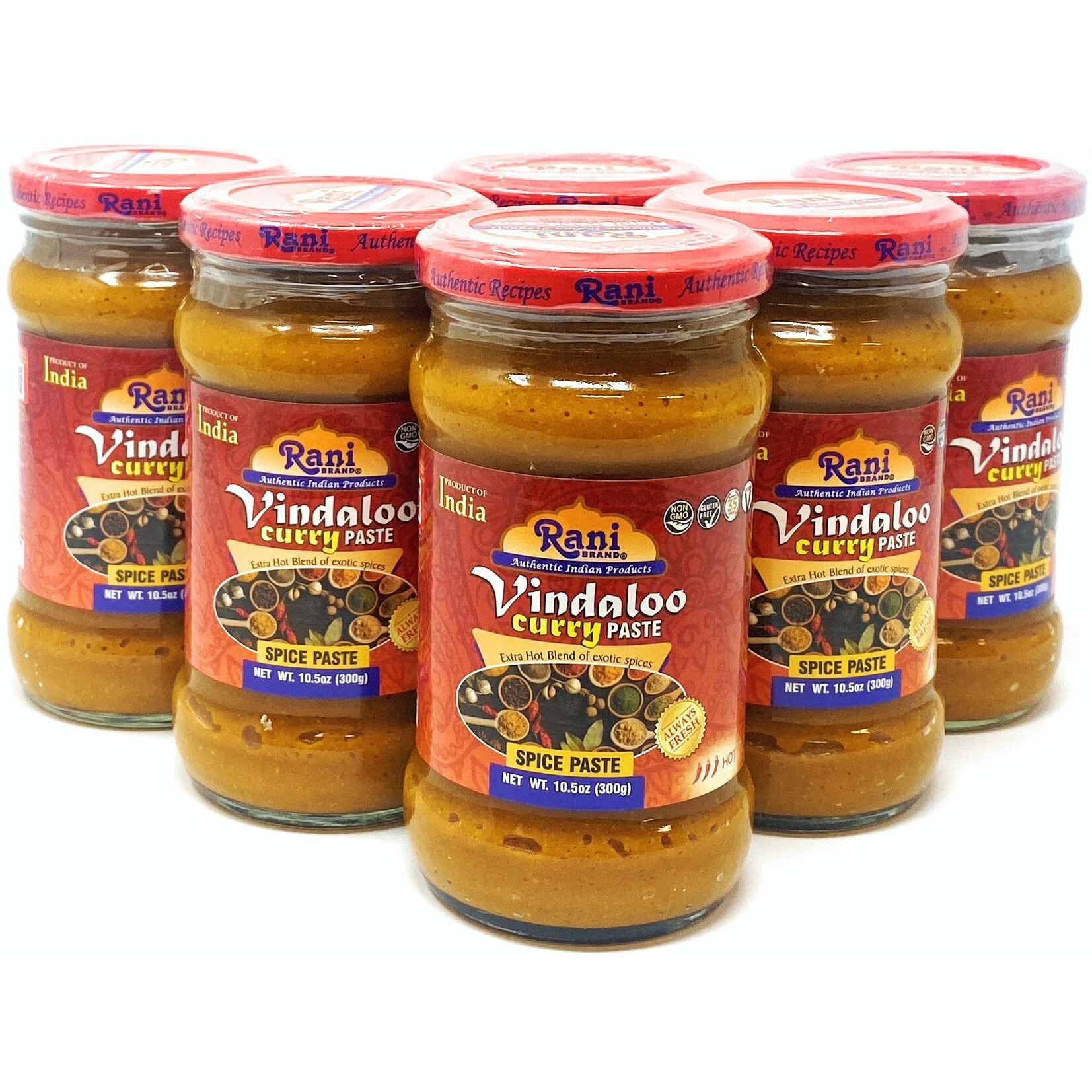 Rani Vindaloo Curry Cooking Spice Paste, Hot 10.5oz (300g) Glass Jar, Pack of 5+1 FREE ~ No Colors, All Natural, NON-GMO, Vegan, Gluten Free, Indian Origin (Size 10.5oz (300g))