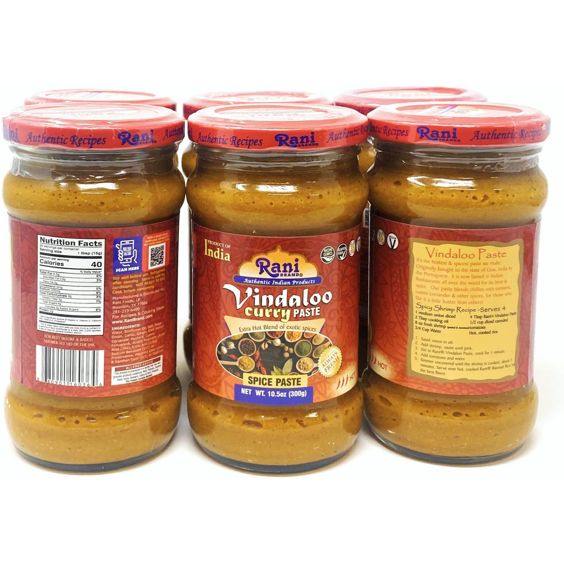 Rani Vindaloo Curry Cooking Spice Paste, Hot 10.5oz (300g) Glass Jar, Pack of 5+1 FREE ~ No Colors, All Natural, NON-GMO, Vegan, Gluten Free, Indian Origin (Size 10.5oz (300g))