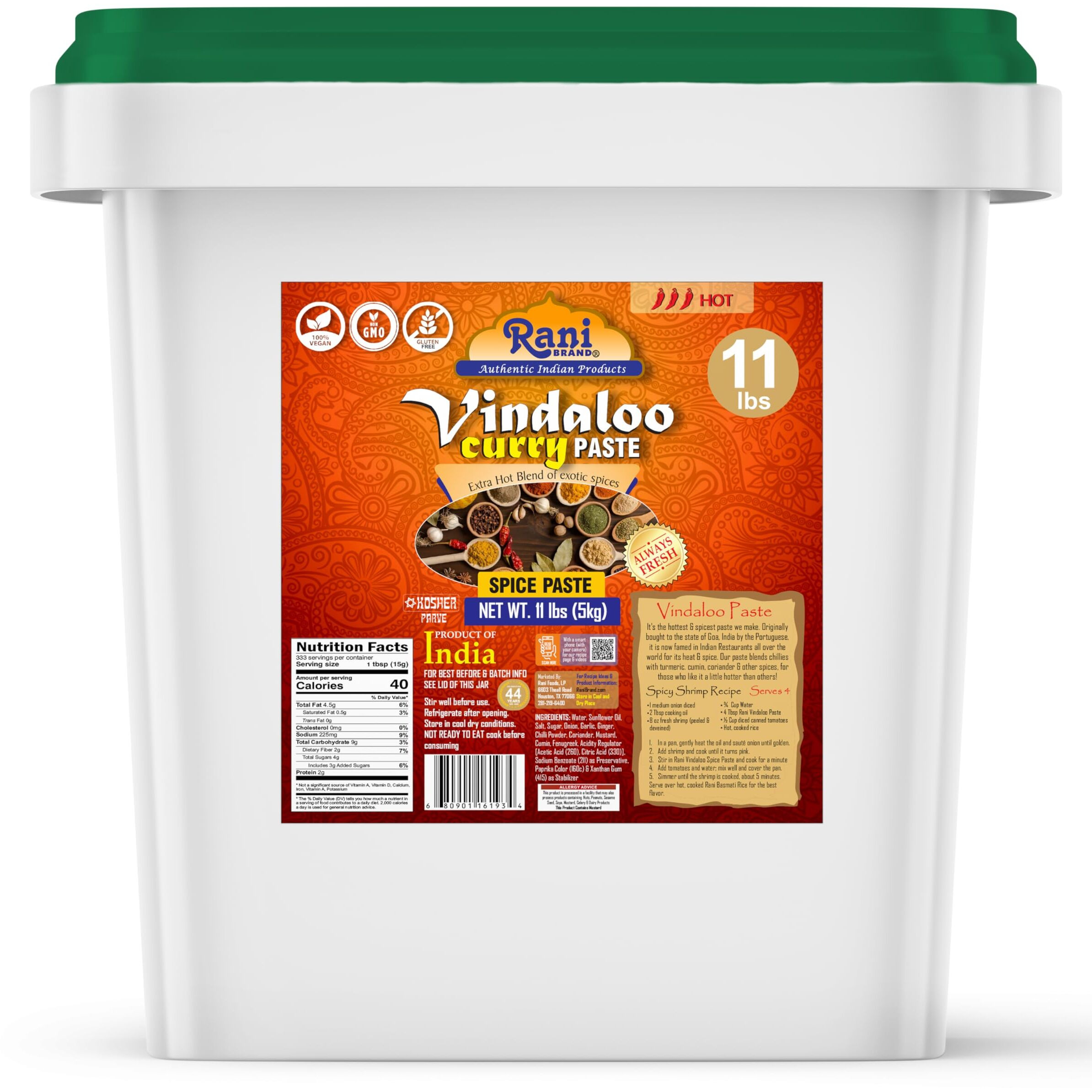 Rani Vindaloo Curry Cooking Spice Paste, Hot 176oz (11lbs) 5kg Bulk ~ No Colors, All Natural, NON-GMO, Kosher, Vegan, Gluten Free, Indian Origin (Size 176oz (11lbs) 5kg)