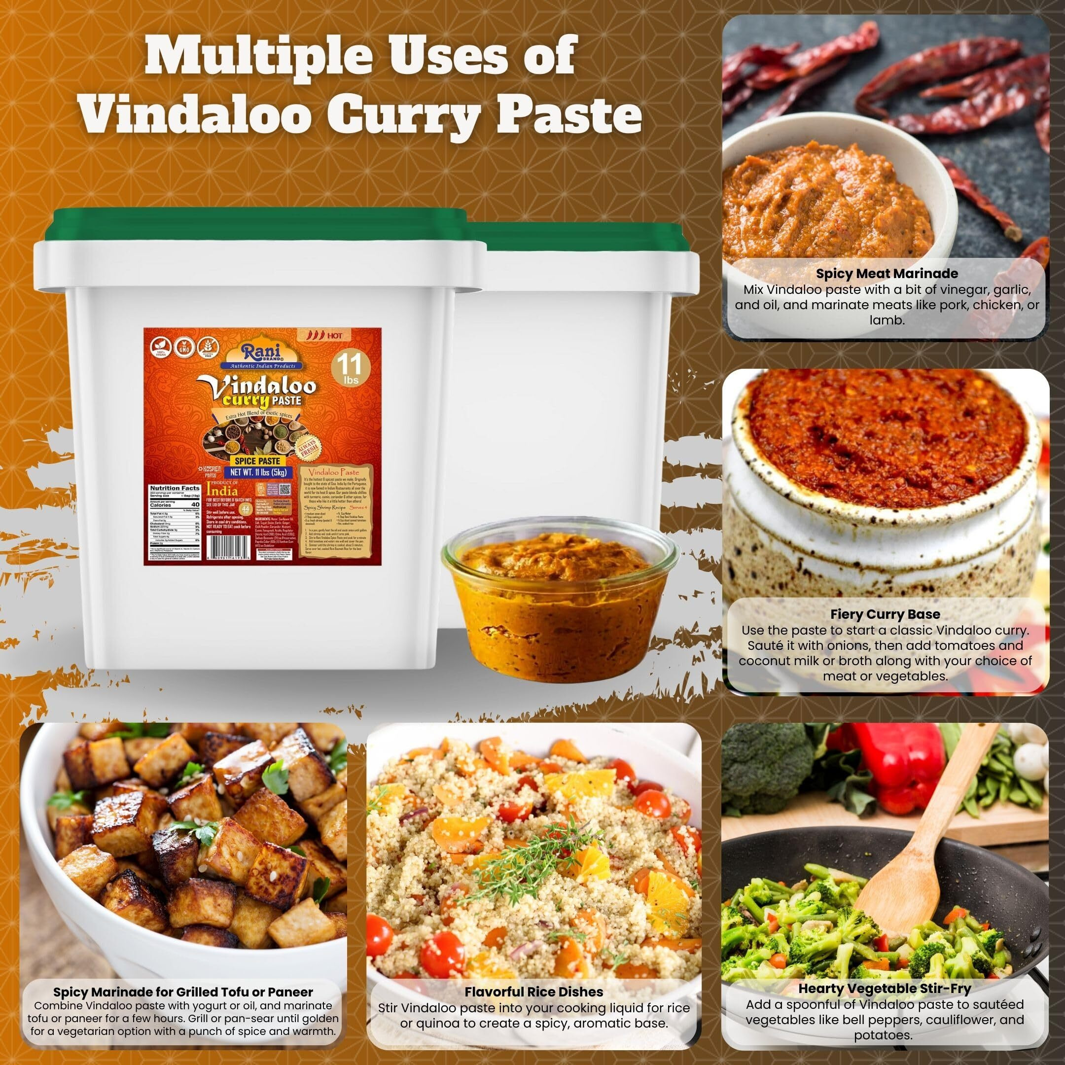Rani Vindaloo Curry Cooking Spice Paste, Hot 176oz (11lbs) 5kg Bulk ~ No Colors, All Natural, NON-GMO, Kosher, Vegan, Gluten Free, Indian Origin (Size 176oz (11lbs) 5kg)