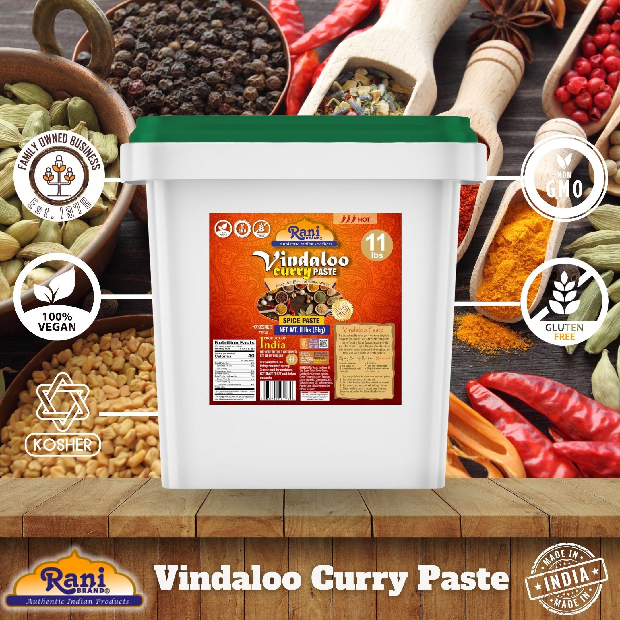 Rani Vindaloo Curry Cooking Spice Paste, Hot 176oz (11lbs) 5kg Bulk ~ No Colors, All Natural, NON-GMO, Kosher, Vegan, Gluten Free, Indian Origin (Size 176oz (11lbs) 5kg)