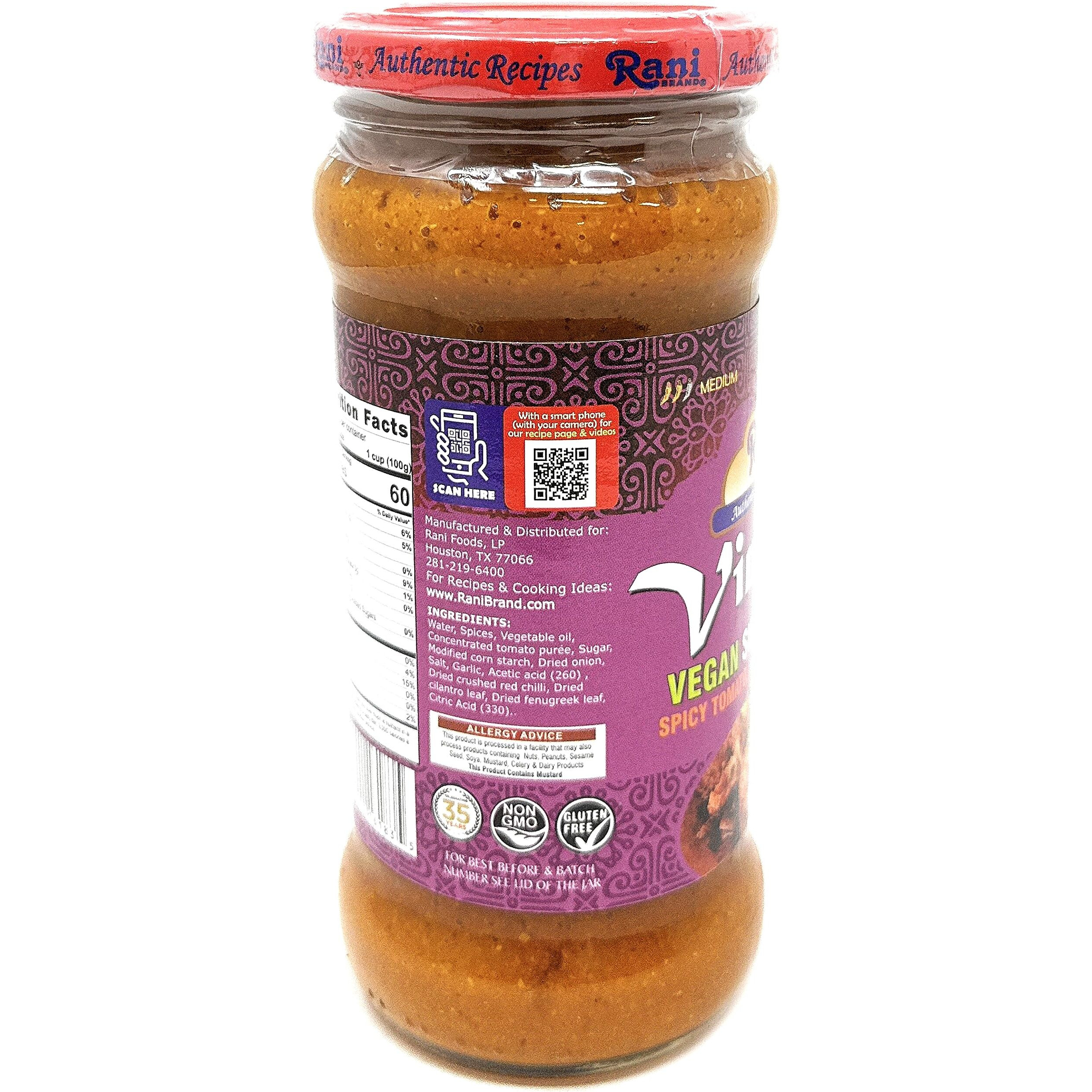 Rani Vindaloo Curry Vegan Simmer Sauce (Spicy Tomato, Red Peppers & Spices) 14oz (400g) Glass Jar ~ Easy to Use, Vegan, No Colors, All Natural, NON-GMO, Gluten Free, Indian Origin (Size 14oz (400g))