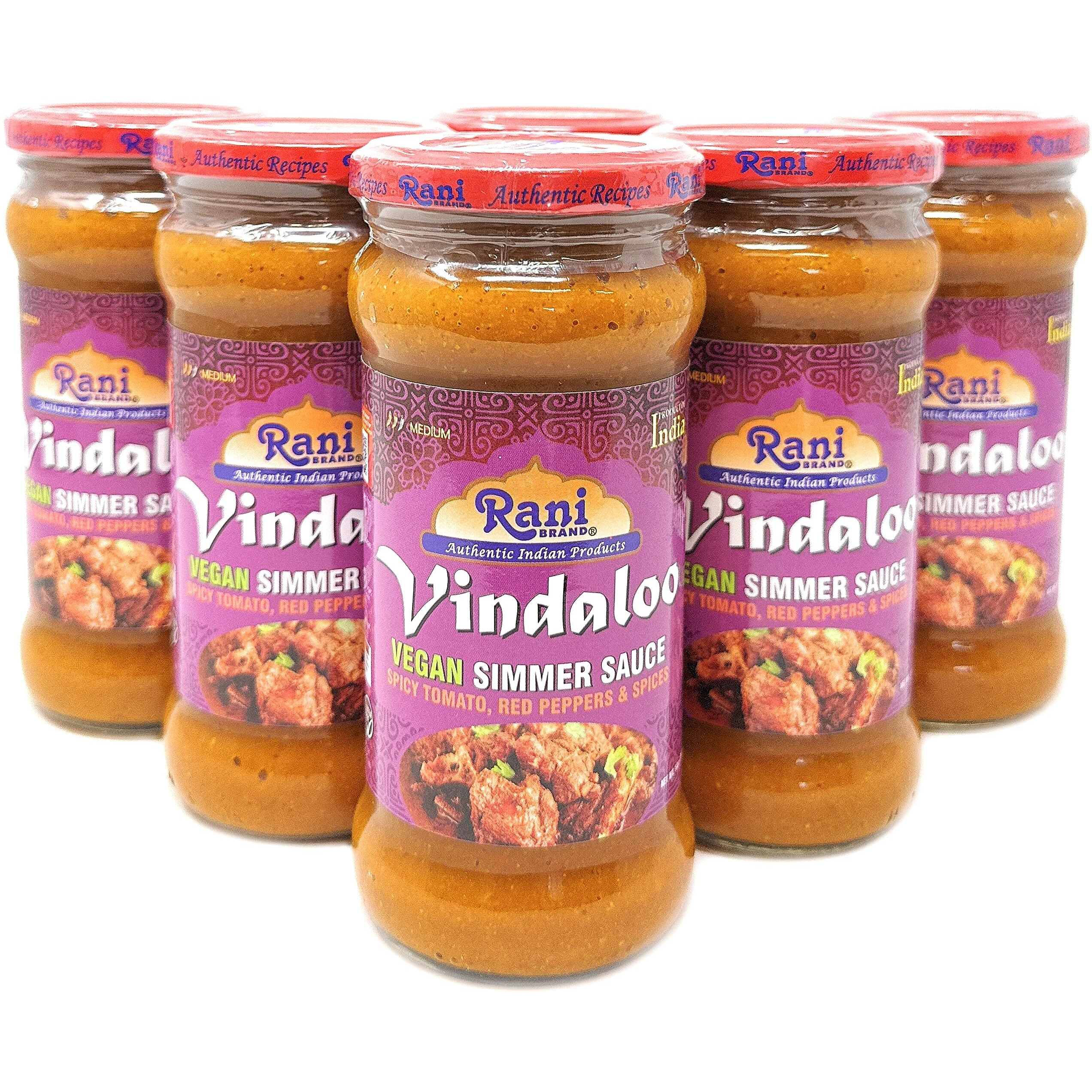 Rani Vindaloo Curry Vegan Simmer Sauce (Spicy Tomato, Red Peppers & Spices) 14oz (400g) Glass Jar, Pack of 5 +1 FREE ~ Easy to Use, Vegan, No Colors, NON-GMO, Gluten Free, Indian Origin (Size 14oz (400g))