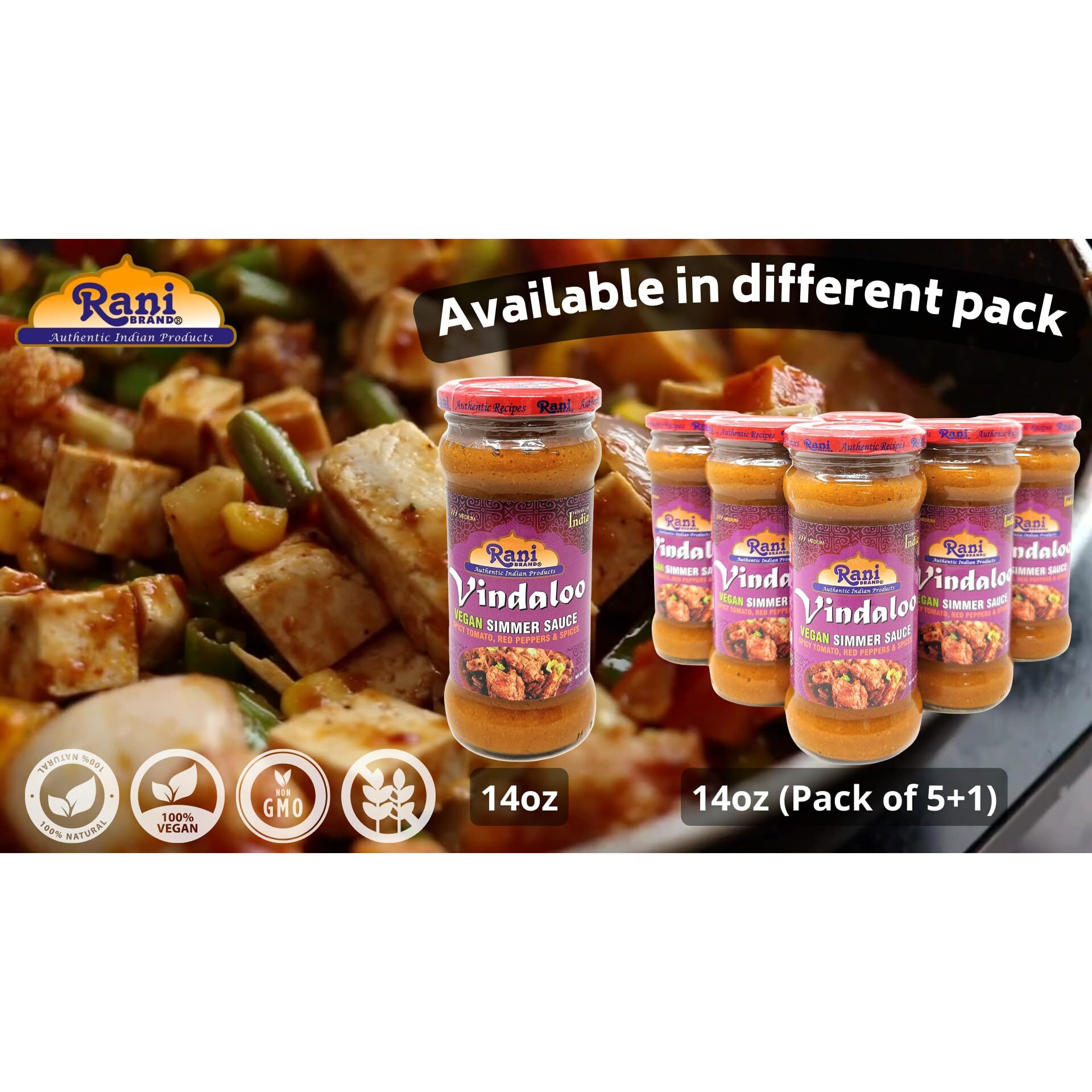 Rani Vindaloo Curry Vegan Simmer Sauce (Spicy Tomato, Red Peppers & Spices) 14oz (400g) Glass Jar, Pack of 5 +1 FREE ~ Easy to Use, Vegan, No Colors, NON-GMO, Gluten Free, Indian Origin (Size 14oz (400g))