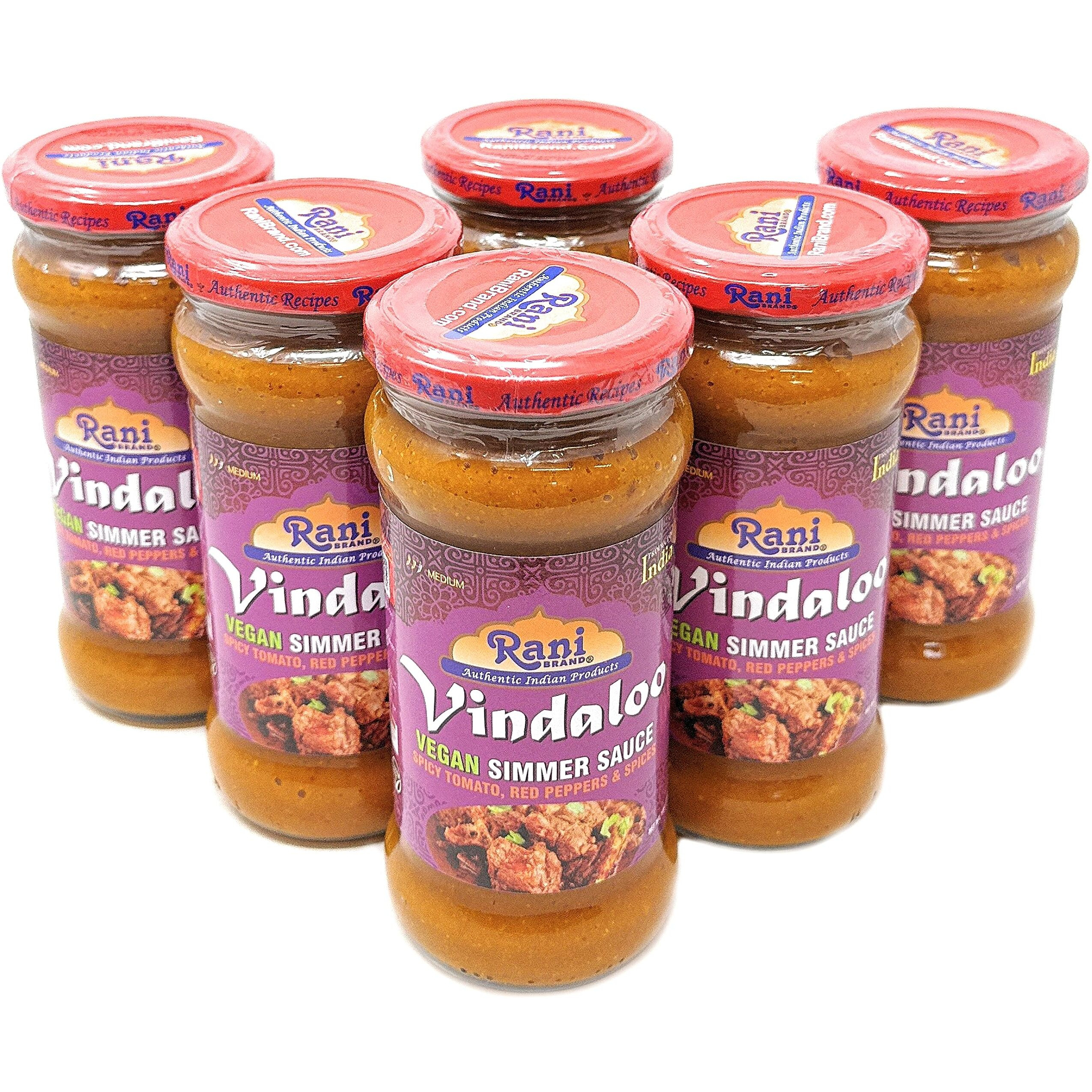 Rani Vindaloo Curry Vegan Simmer Sauce (Spicy Tomato, Red Peppers & Spices) 14oz (400g) Glass Jar, Pack of 5 +1 FREE ~ Easy to Use, Vegan, No Colors, NON-GMO, Gluten Free, Indian Origin (Size 14oz (400g))