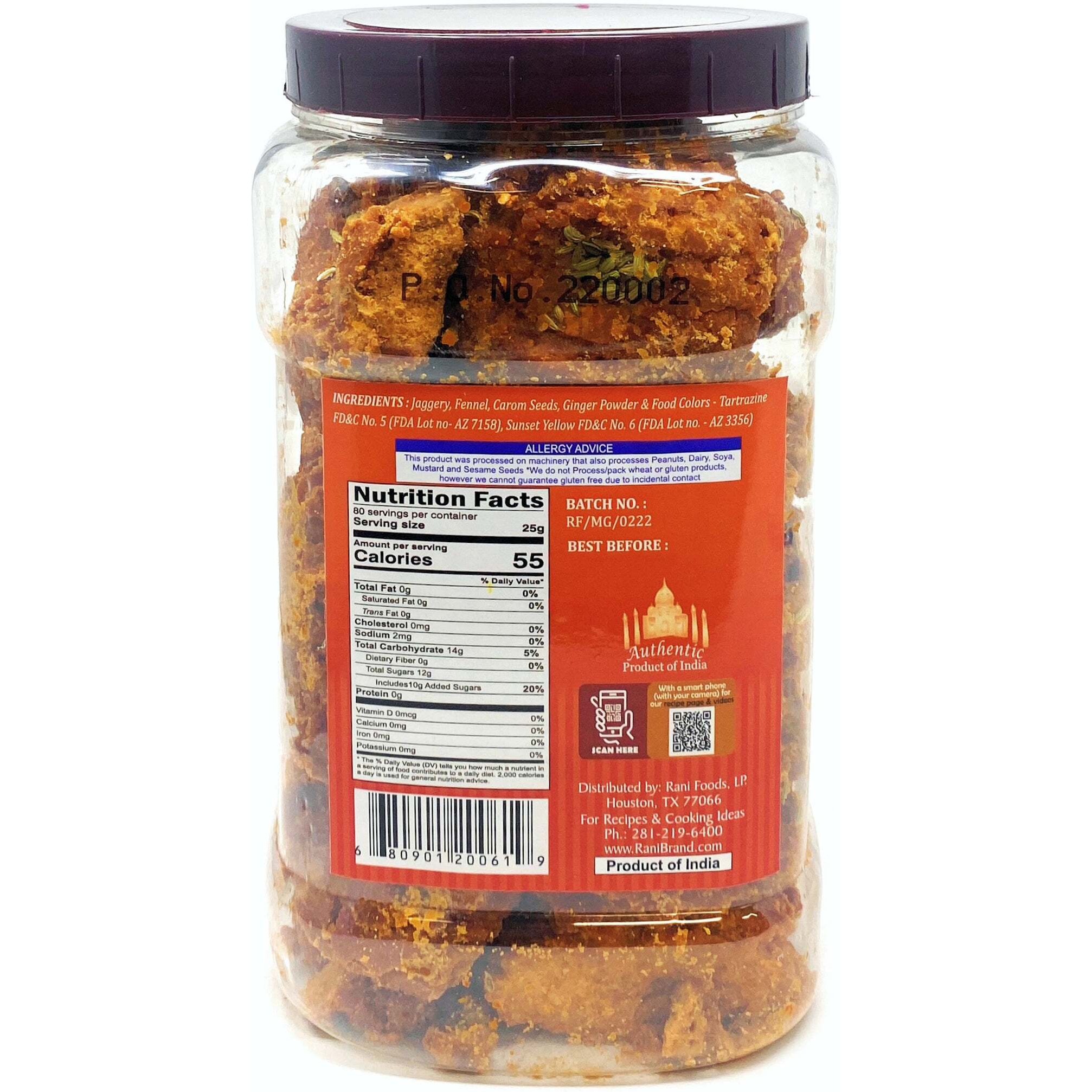 Rani Masala Gur (Jaggery) Indian Unrefined Raw Cane Sugar 70oz (4.4lbs) 2kg PET Jar ~ Gluten Friendly, Vegan, NON-GMO, No Salt or fillers, Indian Product